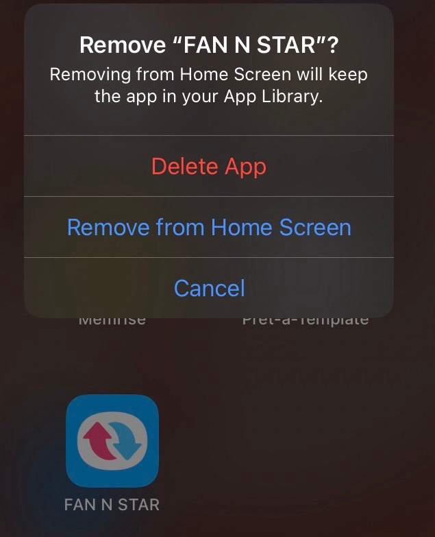 Screenshot showing deleting Fan n star app