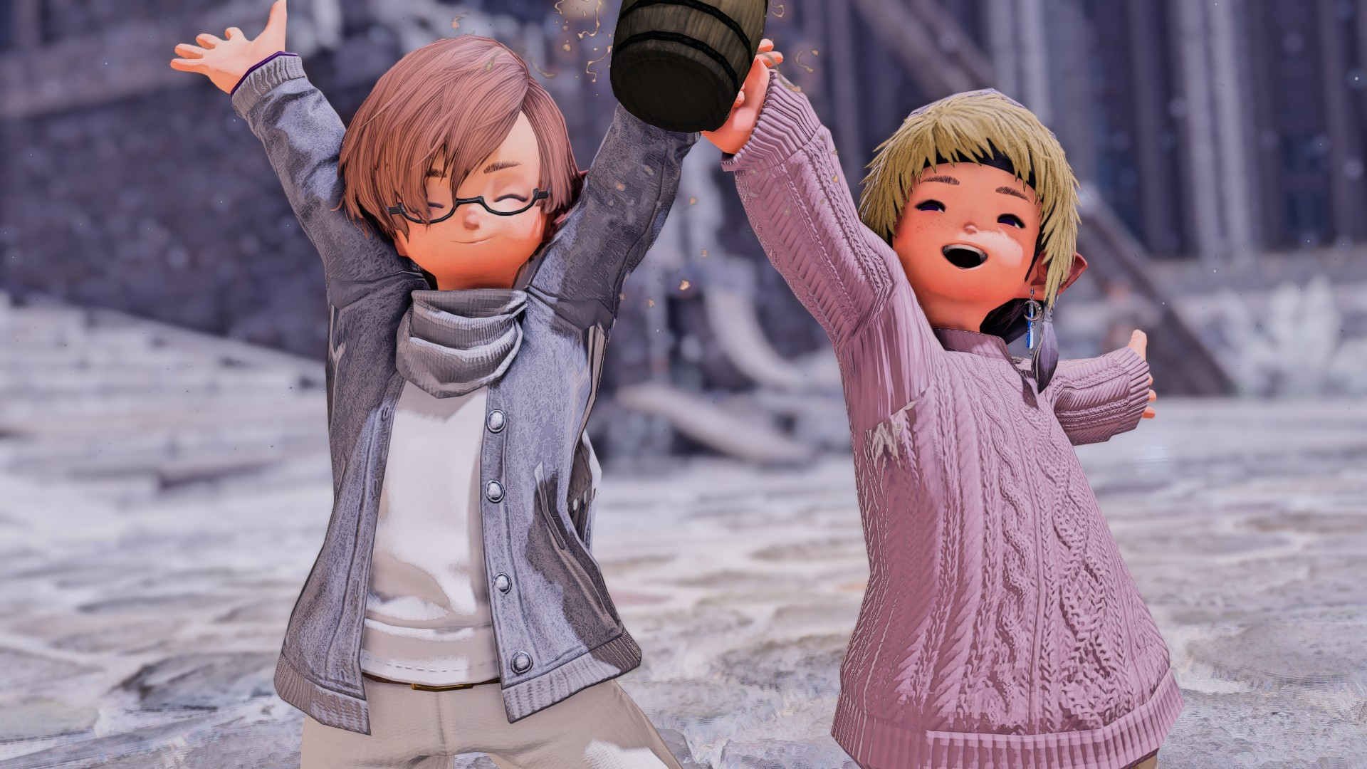 Two lalafells in Ishgard. Cely (left) and Kakade (right).