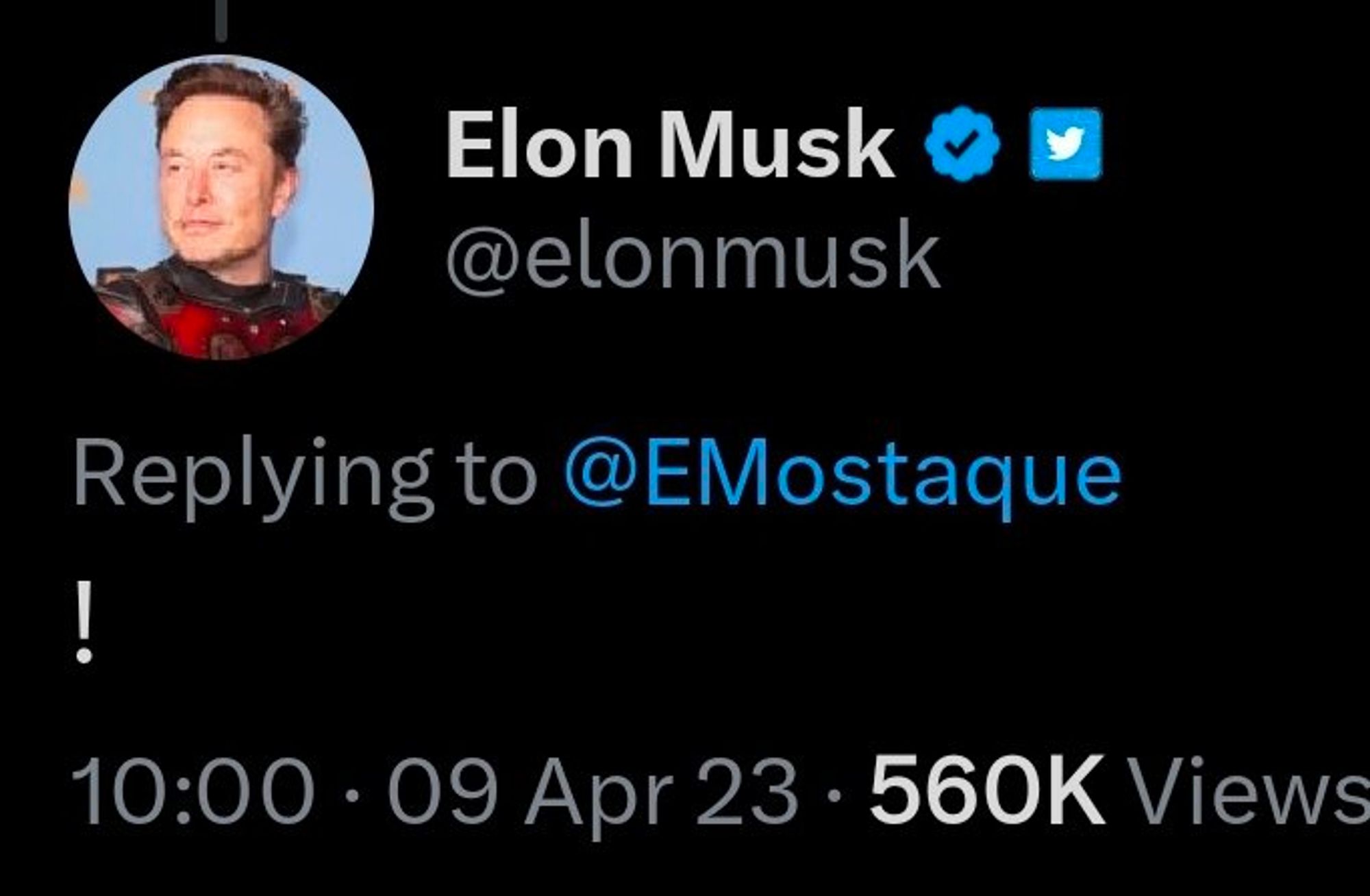 Elon musk tweet that says an exclamation mark