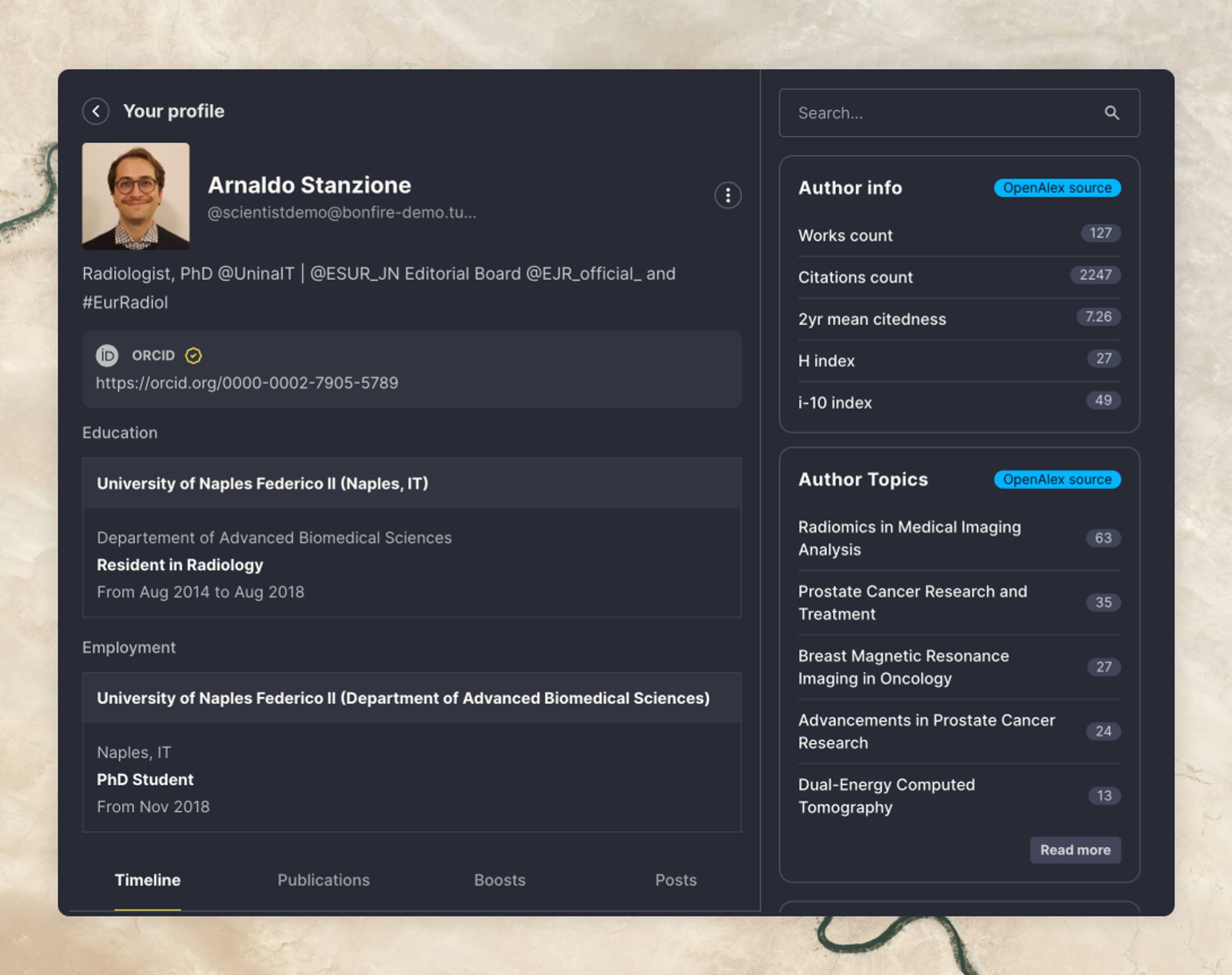 Arnaldo Stanzione profile on the open science network - we showcase the author info and author topics widgets, using data from the openAlex repository