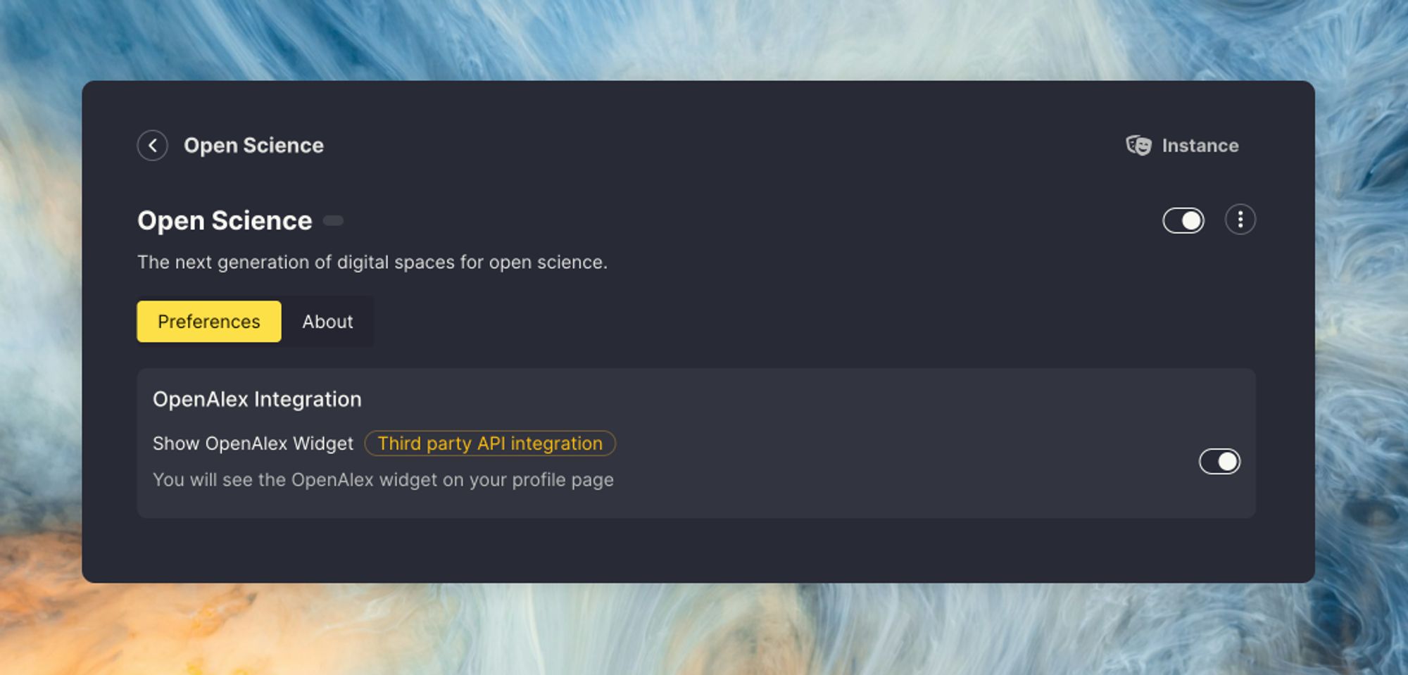 The Open Science extension settings, where users can enable or  disable the openAlex integration.