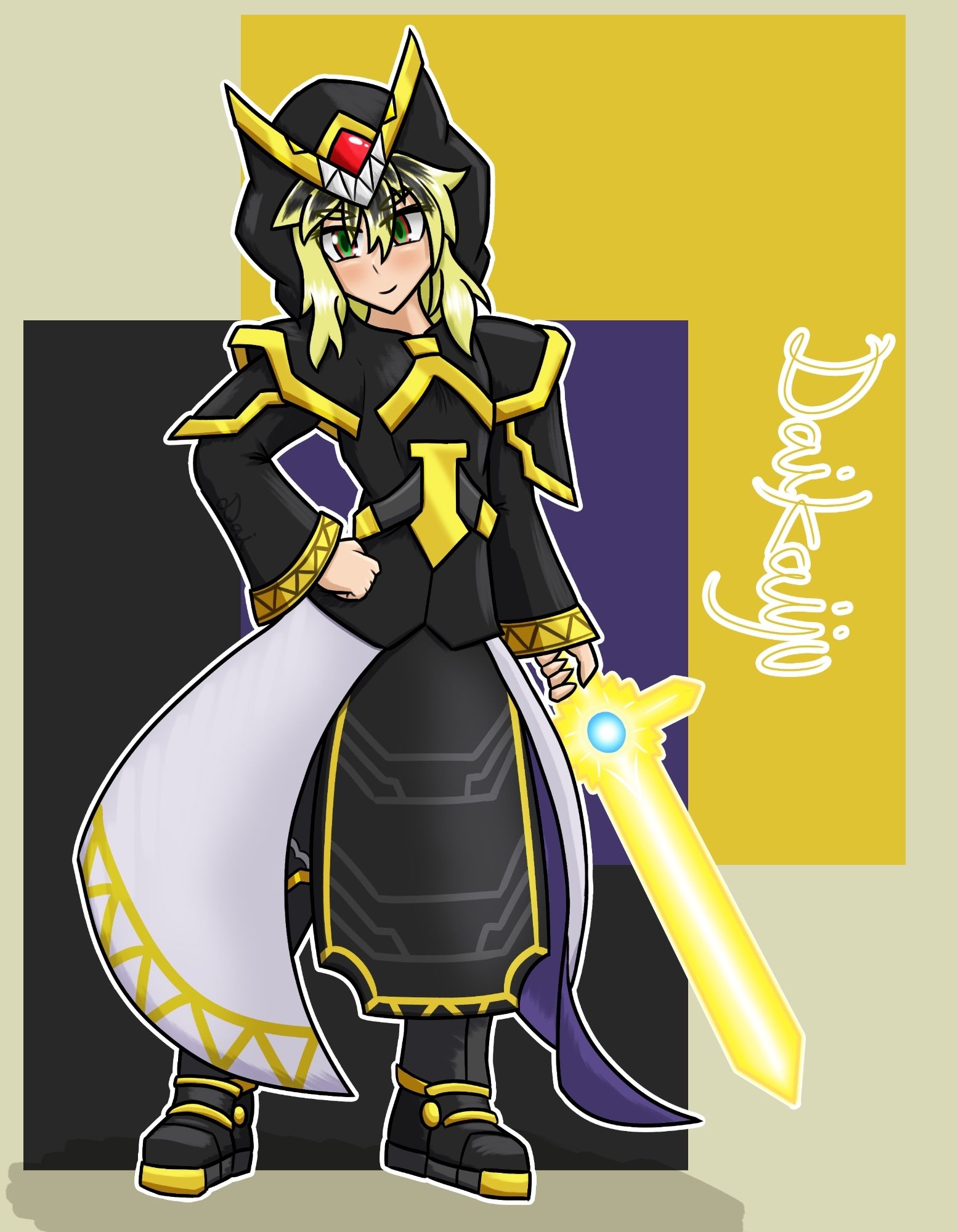 A rendered art piece featuring DragonXZero's AlphaSaber.
They are a human lass with bright yellow and messy-ish hair with black streaks stretching from the roots.
They are wearing a sort of fusion of a hooded robe and armor. The color of her main clothes is primarily black with golden accents, stretching from her hood, shoulder pads, sleeves, loincloth, legwear, and boots. She would also be wearing a set of white cottails with a purple underside.
At her hood, there would be an ornament attached to it, making it resemble the simple head with monster, yellow eyes, sharp teeth, and a red forehead gem.
Lastly, she would be wielding a sword of light energy.