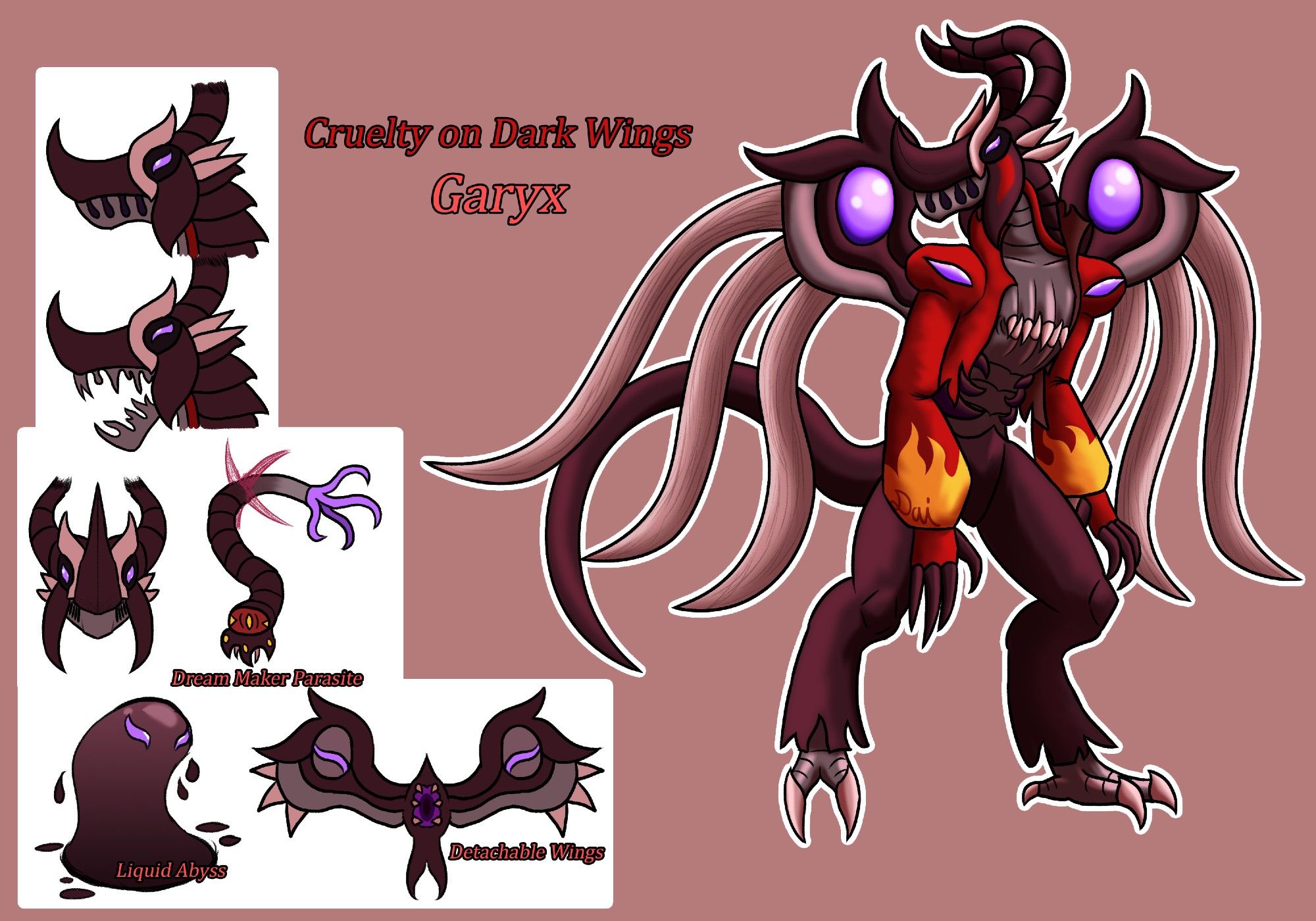 A reference image of an OC titled "Cruelty on Dark Wings | Garyx". The OC's appearance is like that of a dragon, alien, and demon. His skull-like head with curved horns bears a non-traditional mouth with holes along the sides. A true set of jaws is located at his chest, and his lower torso had 3 pairs of rib-like ridges gown down to his pelvis. He would be wearing a bright red, tattered coat with fire patterns at the ends of the sleeves. His legs and tail were unnaturally barren, the former ending in tattered cuffs. His legs ended in 2-toed talons resembling a chocobos. Lastly, his wings were alien, resembling pauldrons with purple spheres in the middle, each protruding out 3 bone-like tendrils acting as the "feathers".