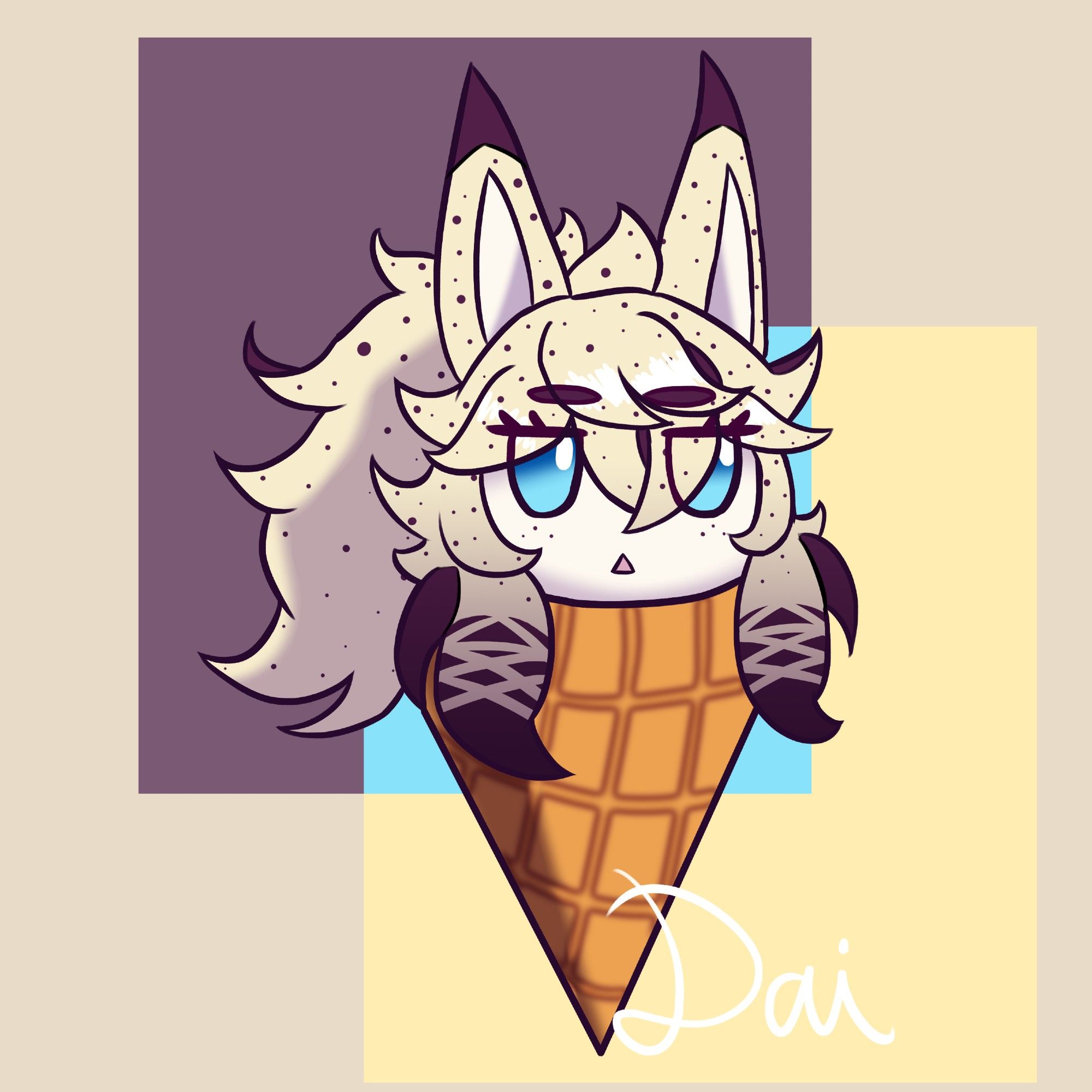 A chibi doodle featuring Kiki's OC, Case in a waffle ice cream cone.