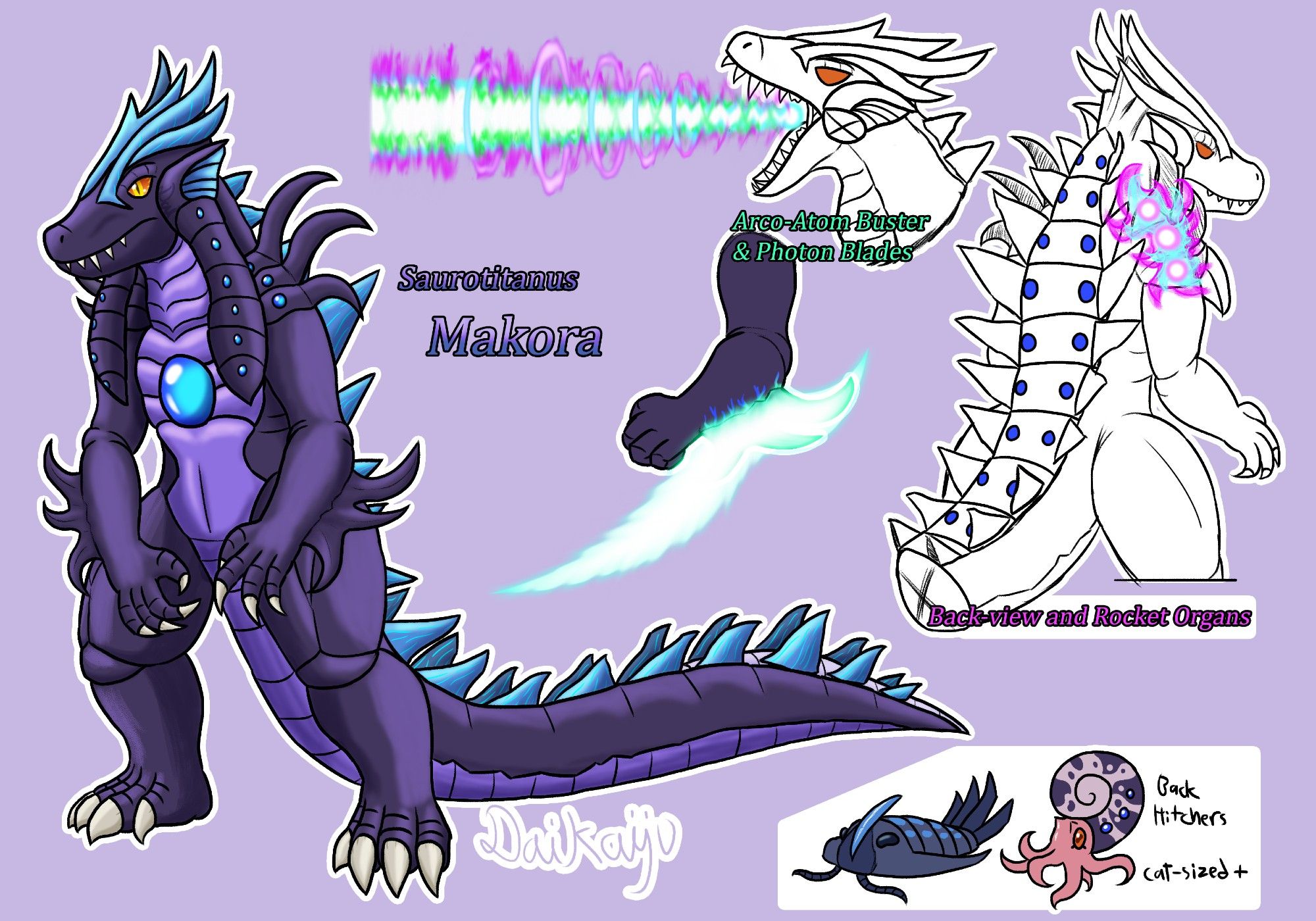 A reference sheet of Makora. She is a kaiju with a dark purple hide, with features making her look like a crocodile. Her head has a mid-long length snout, with 5 impressive crested horns protruding backwards across her head. Her eyes would be a blazing orange, and her ears would be floppy and segmented.
To her torso, her chest had a spherical core in the middle that glowed, blue, smaller cores can be found on her shoulders and along her back. Her shoulders would be padded in armor that protruded 3 crescent crests each. Her forearms had similarly shaped blades. Her legs were of a general reptilian kaiju, bulky with four toes. Her back bared rough, triangular blue dorsal spines that went to the of her paddle-like tail.