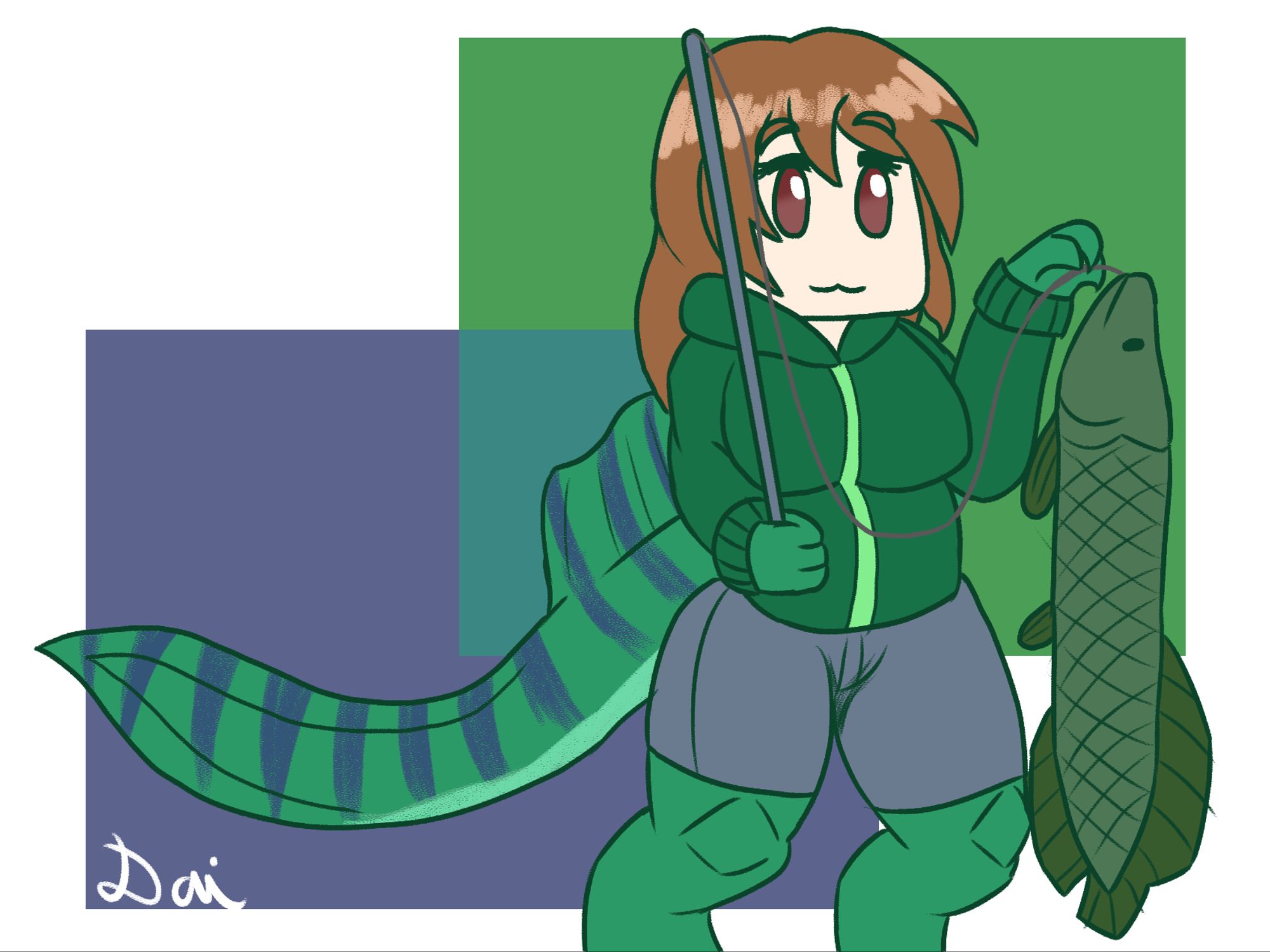 A rough-ish, chibi doodle of ZaGorudan's OC, Stephy, as a spinosaur-monstergirl.