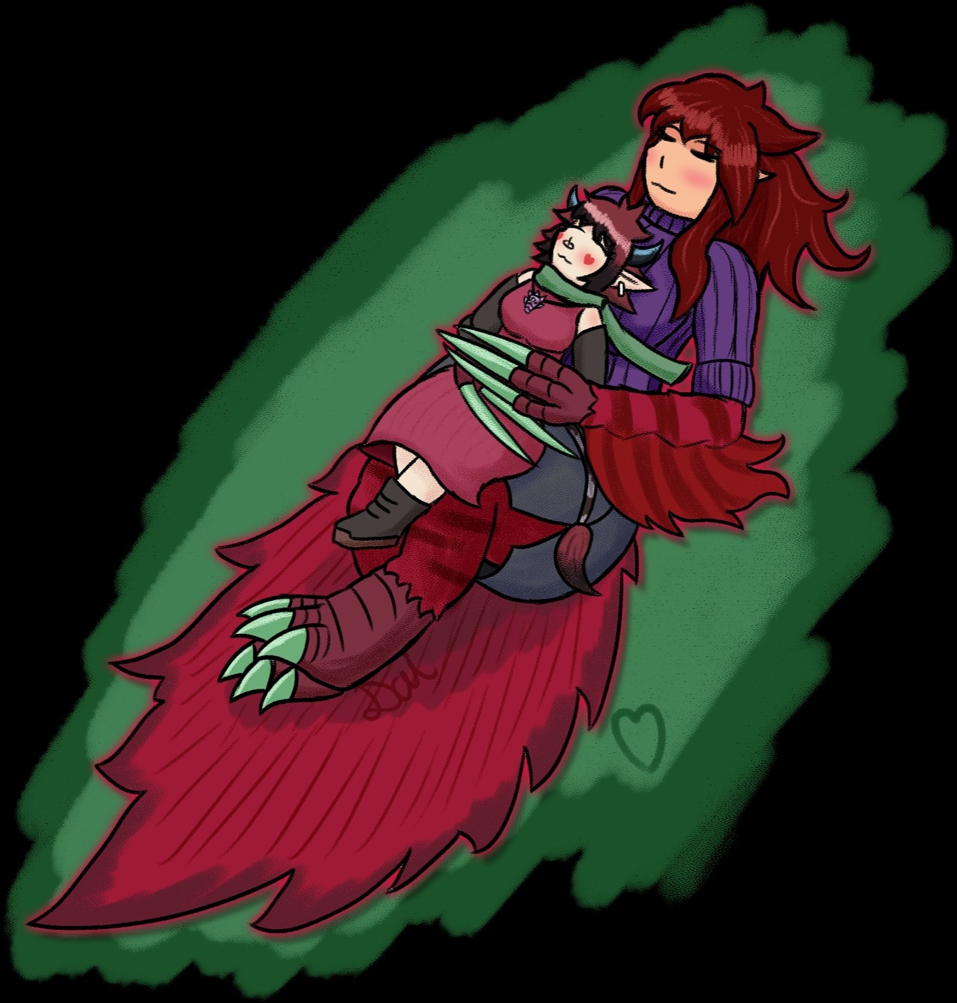 A doodle featuring my therizinosaurus lady, Zina Theris, cuddling a 'sona of a friend of mine.