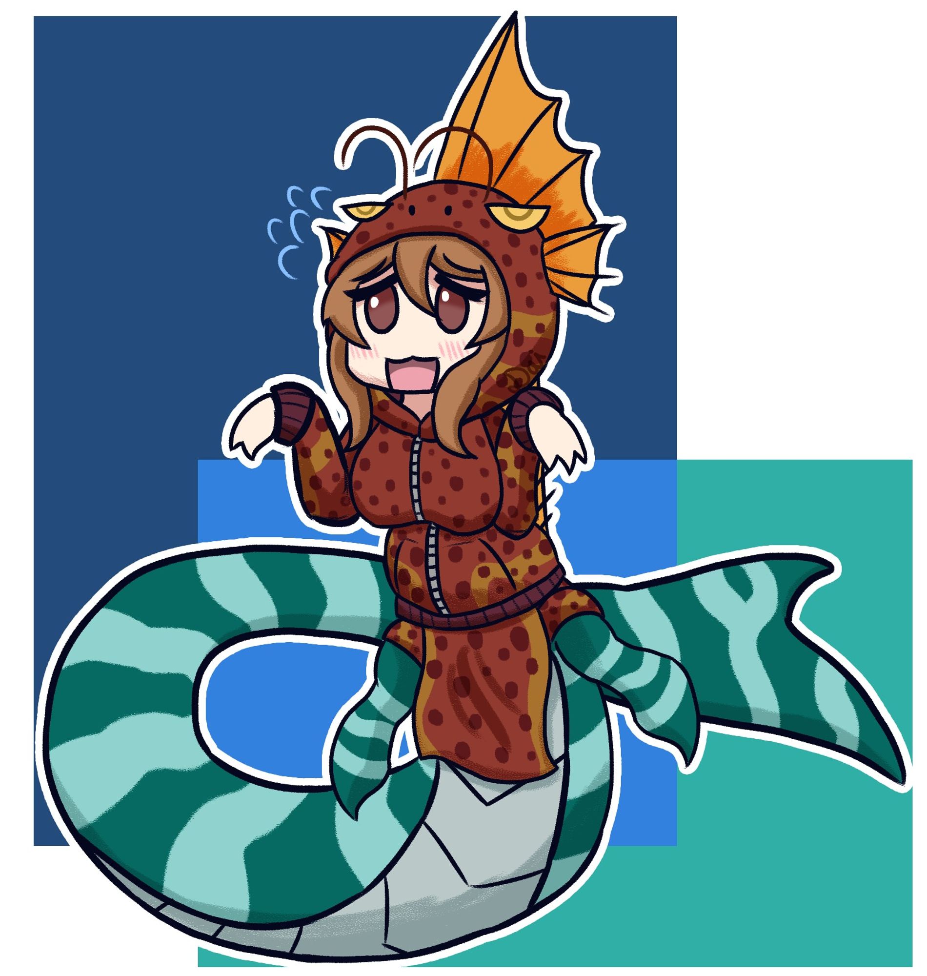 A doodle of ZaGorudan's OC, Stephy, as a mosasaur mermaid. She is in a hoodie resembling the Toho kaiju, Titanosaurus. Her mosasaur tail is colors a dark teal with light blue stripes, and has an segmented underbelly like a snake's. She is in a cute roaring pose, albeit with an embarrassed smile.