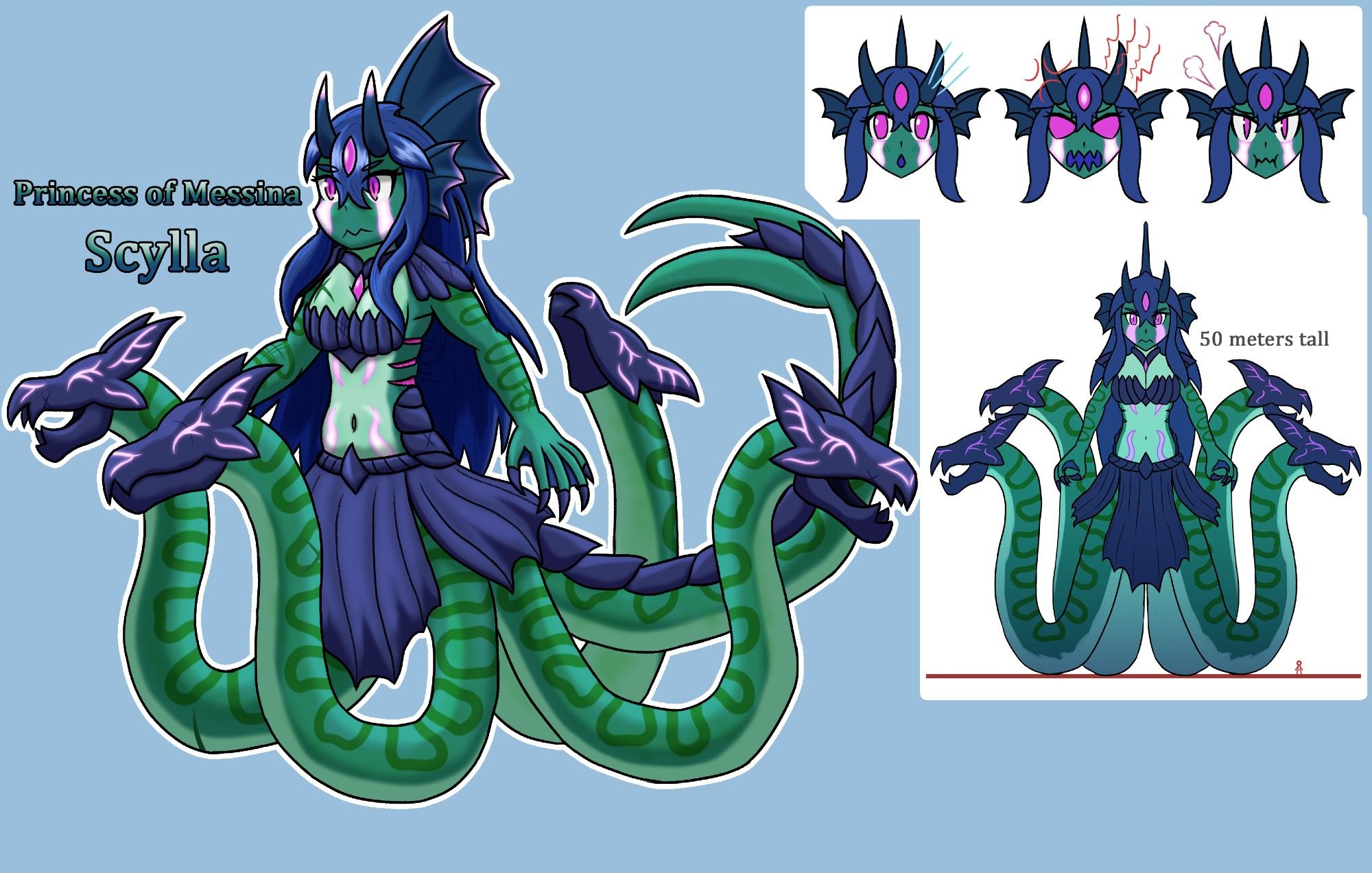 A ref sheet featuring the kaiju OC of mine, Scylla. She is a mermaid-like monster with dark teal skin with dark rounded striped patterns, blue armor and clothing. Her head sported long, messy, blue hair, two, teal-blue oni horns, a pink forehead gem, a dorsal fin at the back of her head, fin-like ears, and magenta eyes, with pink, bioluminescent, stream-like patterns going down her cheeks like tears. 
To her torso, her underbelly would be a lighter colouration, and her arms and chest were patterened with scars and scratches. To her lower quarters would be an armour, whale-like tail, along with 4 appendages similar to a serpent's tail, each tipped with blue pincers shaped after wolf-heads.