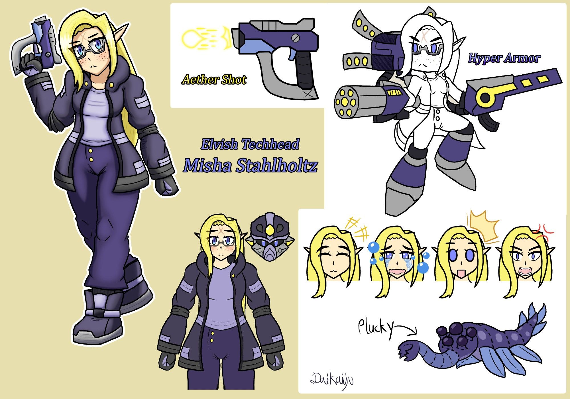 A reference sheet depicting my OC named Misha Stahlholtz, subtitled as the Elvish Techhead. She is an elf with long, blonde hair, with asymmetrical bangs, with the longest one draped over the right side of her face. Her eyes would be blue-lavender in color, and her cheeks were sprinkled with freckles. Misha would be wearing a dull purple hoodie-like coat with tape-like patches on it colored lavender on her arms and coattails, and black at the cuffs and edge of the coattail. Under that she would be wearing a lavender shirt, purple pants with two yellow buttons on it, and boots. She would be posed mid-stride, holding up a futuristic pistol called the Aether Shot in her right hand.

Also on the sheet would be Misha's Hyper Armor, an ultimate/limitbreak mode resembling the Hyper Mode Ultimate Armor of Megaman X. A list expressions depict her with a happy, crying, spooked, and angry expressions. Lastly, there would be a blurple Opabinia plushie she has and calls "Plucky".