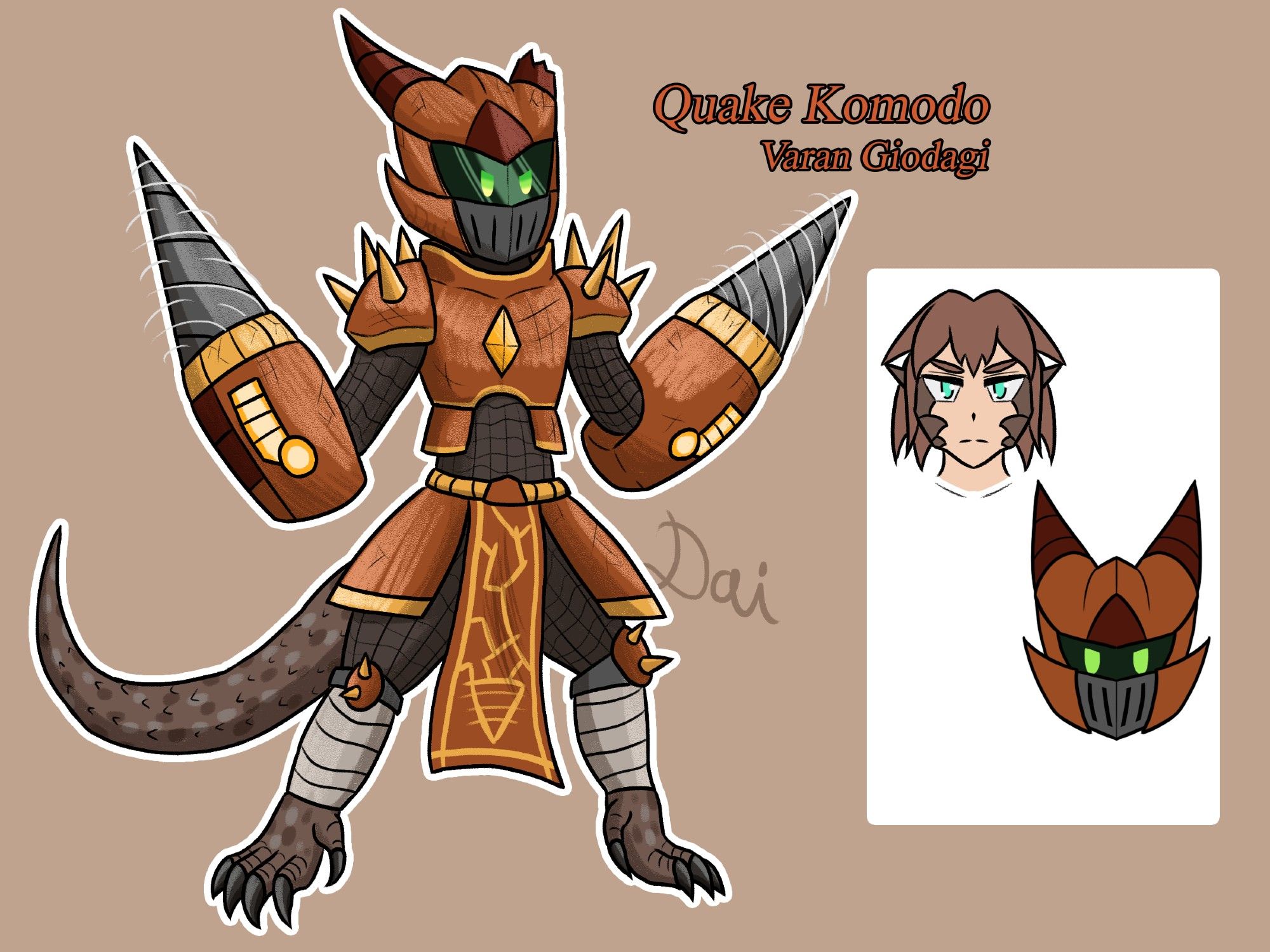 A simple reference image of a komodo dragon, lizard man. He is wearing a future-esk armor colored an earthy orange with yellow details. The armor notably has: a helmet with a green visor, spiked shoulder pads, chainmail lower layer, and two drill gauntlets.