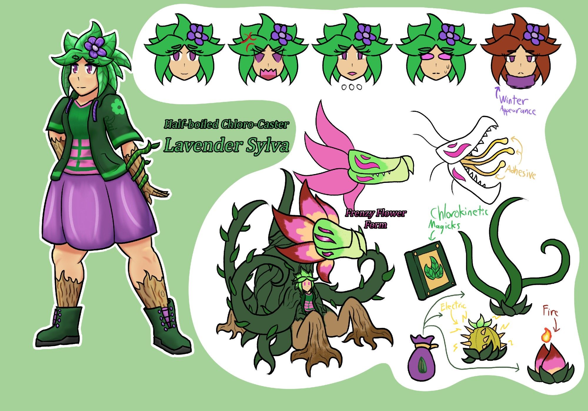 A ref sheet depicting Lavender Sylva. She is a dryad with short hair composed of bright green leaves, with a purple flower in it, purple eyes, and the ends of her arms and legs being covered in bark skin. She would be wearing a casual attire of sorts consisting of a dark green hoodie over a lighter green shirt, a skirt designed like it was made of petals, and green, gardener-like boots.

She is shown being capable of using chlorokinetic magics, along with tossing seeds out for support attack plants.