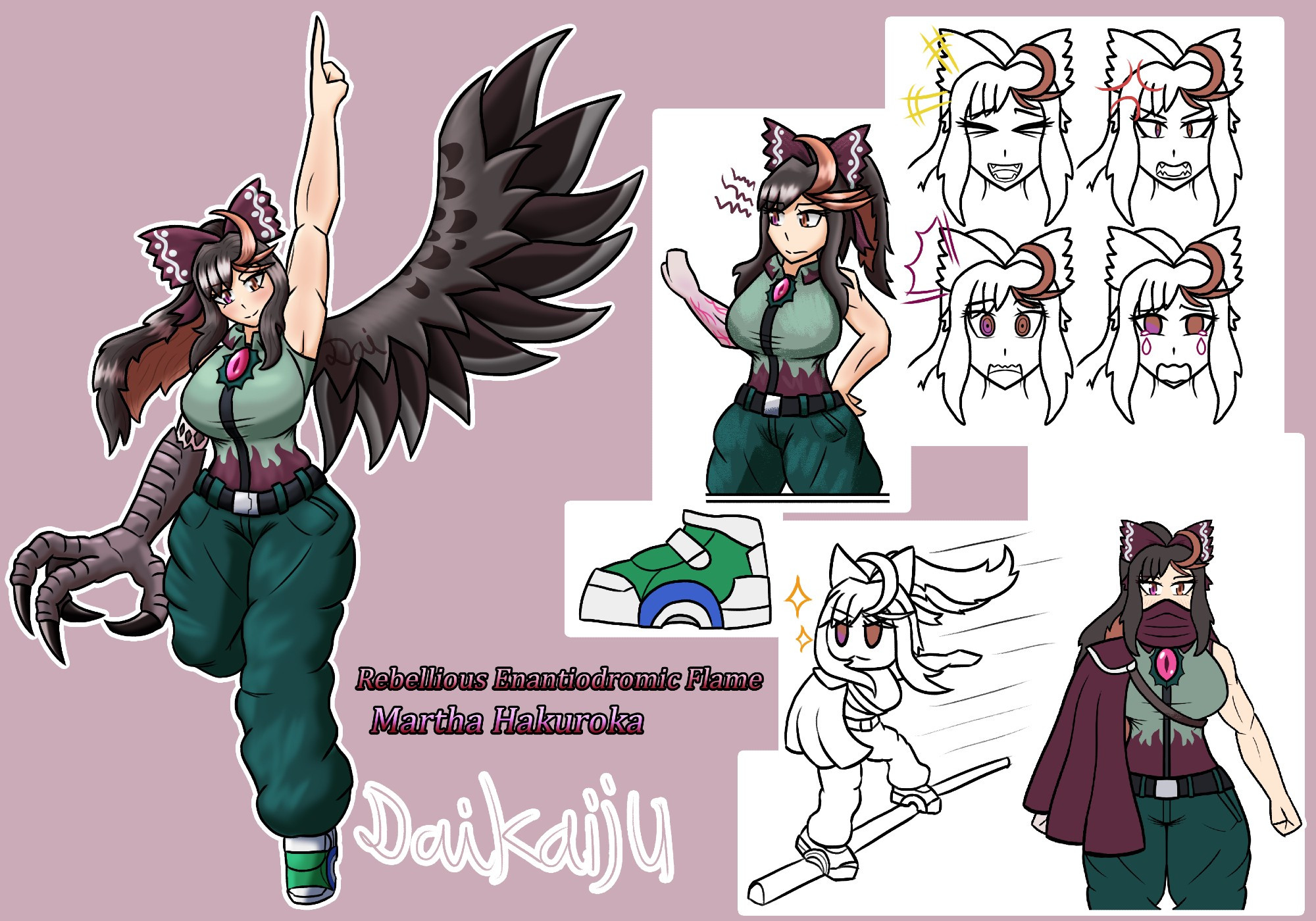 A reference sheet depiction my OC, Martha Hakuroka. She is a girl with dull, brown hair, tied up into a ponytail with its underside (along with a triple cowlick) coloured a dusty orange. She sports heterochromatic eyes, with her left eye being orange-brown, and her right eye having a sectoral coloration of hot pink. Moreover, it is seen that Martha's of a toned build when looking at her arms.

She is wearing baggy green pants, a light green shirt with dark mahogany red flames on the midriff, a pink jewel on her chest, a mahogany cape draped over her right arm, a mahogany scarf, a mahogany bow which ties up her pony tail, and green grind shoes. Moreover, he right arm is in the form of a giant talon, and a wing resembling a passenger pigeons sprouting from the left side of her back.