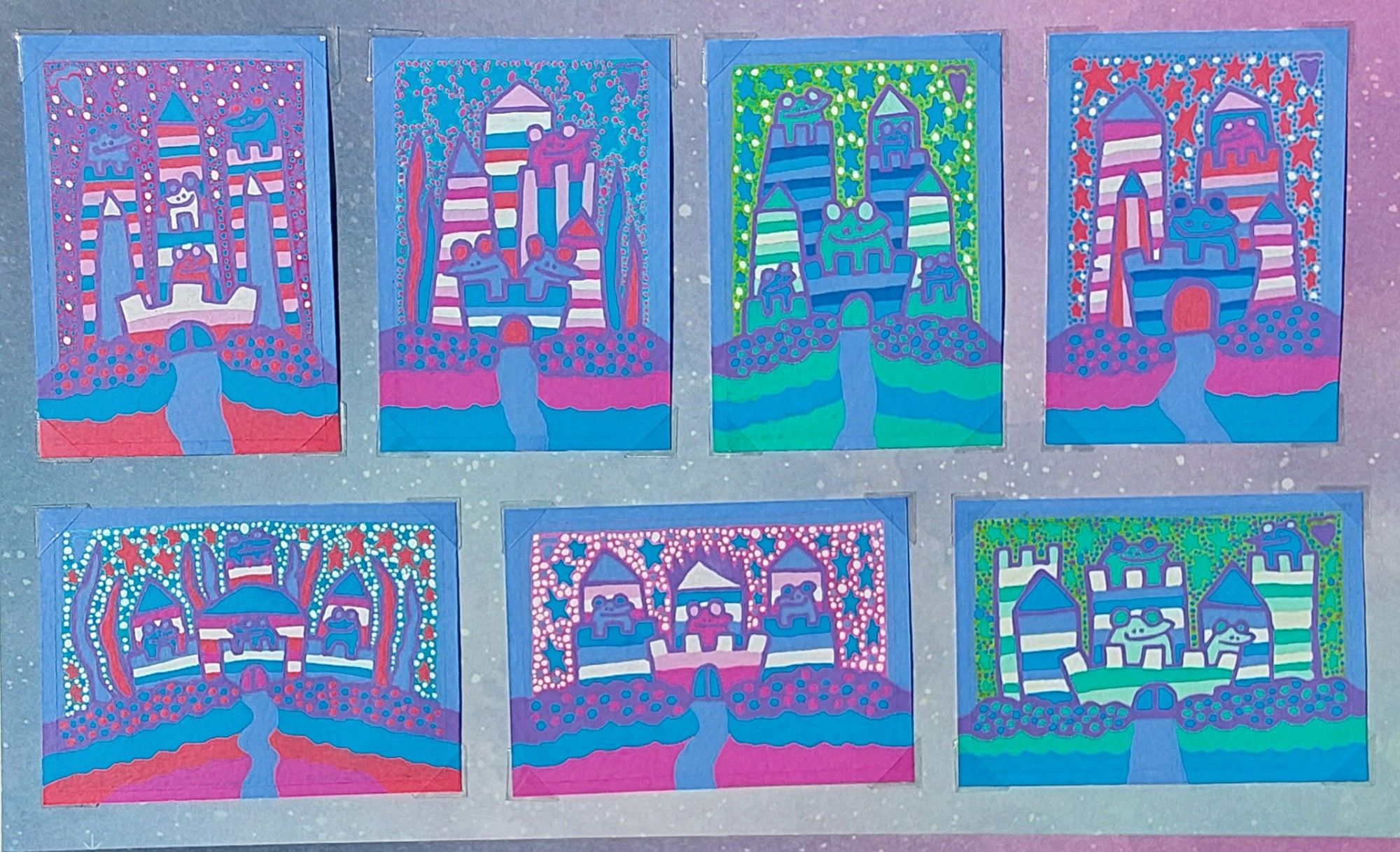 Seven frog castle drawings are next to each other. They are all 2.5x 3.5.

The top row are all vertical when the tree below them are all horizontal.
Two have more of a blue green pallet, one has a purple background, and four of them have more of a pink and/or rose with blue pallet. All have white and blueish purple ink
You can get one for 10. Dm for more details.