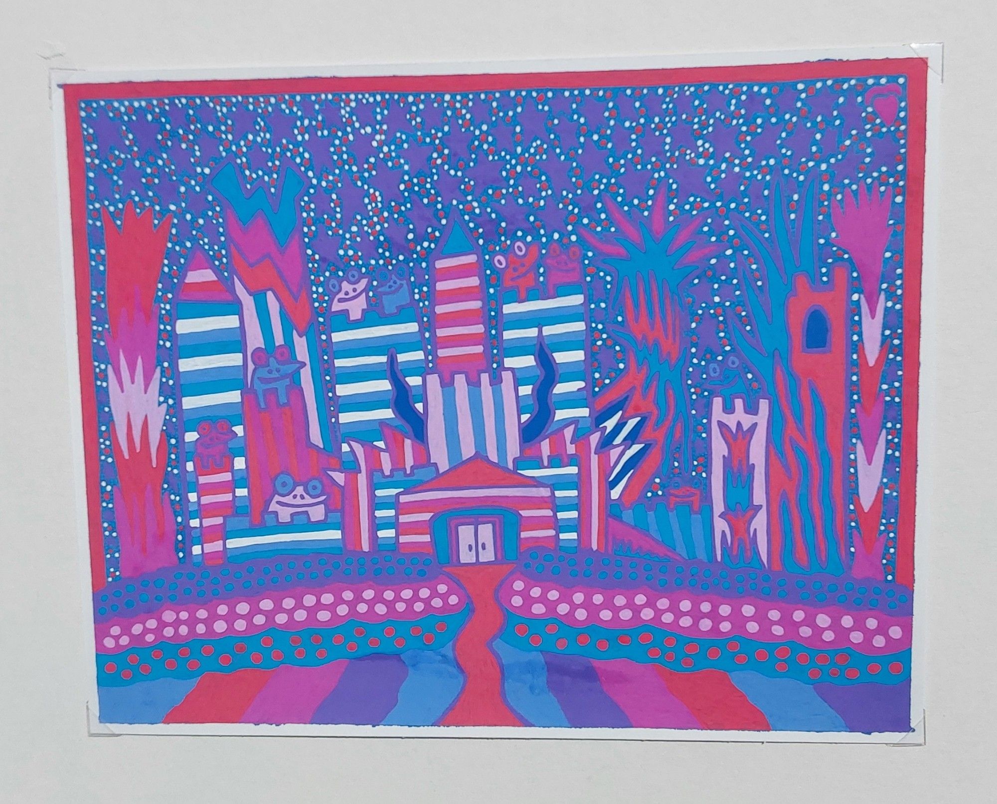 A red, pink, rose, white, blue, blueish purple, and purple frog castle welcomes you. The scene is at night. Nine frogs look towards you. They are different colors. The sky is full of purple stars, and there is large pink, red, and rose colored plants growing next to the castle. This is an original 8x10 ink drawing. You can get it for 150 or get your own custom castle made in this size for 250. Dm for more info.