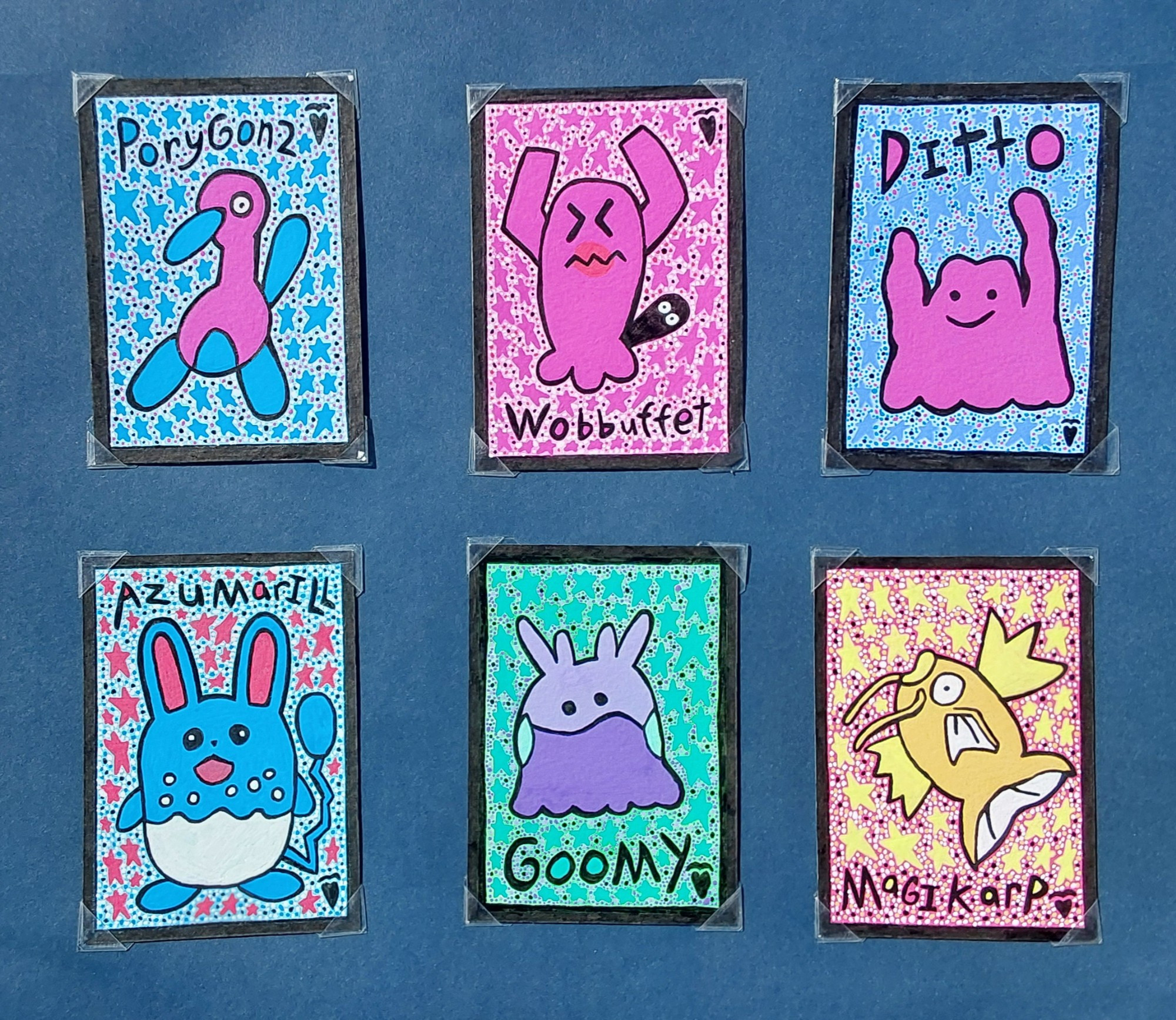 Pokémon drawn from memory

Porygon2 and their friends say hi.

Wobbuffet, ditto, goomy, azumarill, Porygon2, and magikarp are all here. Wobbuffet and magikarp their shiny colors. These are all mini 2.5x3.5 Pokémon art. Each has different colored stars, backgrounds, and dots. Porygon2 has blue stars, wobuffet has rose stars, ditto has blueish purple stars, azumarill has red stars, goofy has green stars, Magikarp has yellow stars. You can get them each for 10. I take venmo and cash app.