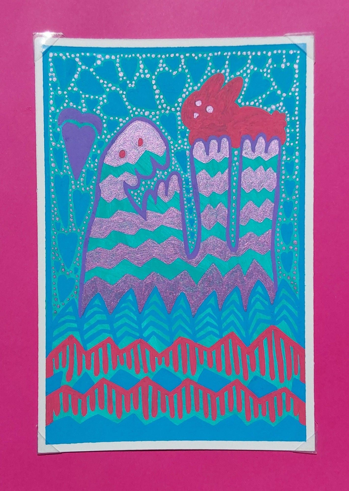 A creature with purple line work and metallic rose ink pattern holds a red bunny with rose metallic ink. Around them, there are blue hearts and rose metallic. The abstracted grass is blue and red. You can get this one 4x6 for 20