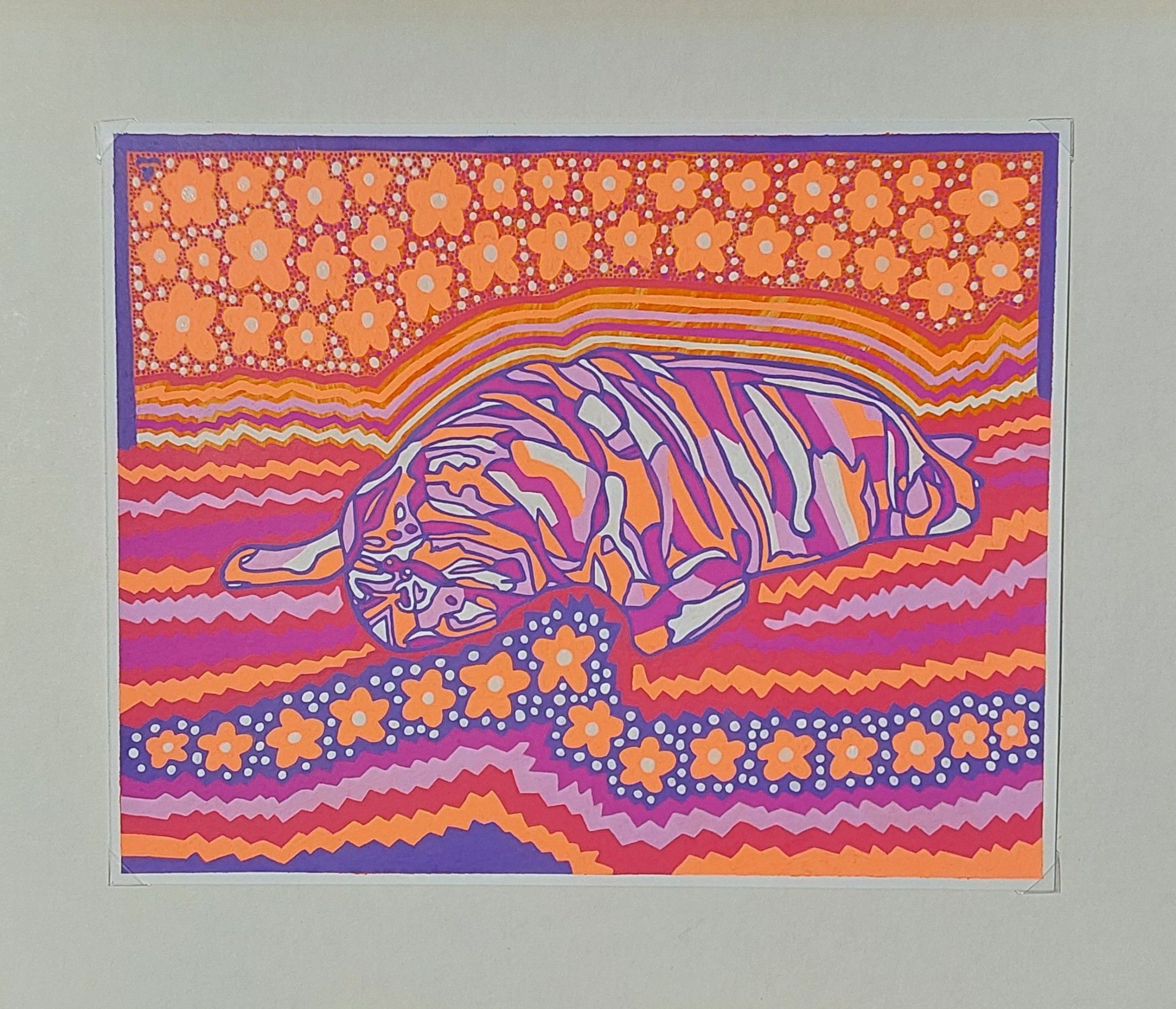 A pink, white, rose, and orange pug with purple linework rests on an abstracted blanket. The blanket is red with zigzag zag of pink, orange, and rose. Below the red, there is a purple part of the blanket that has white dots and orange and white flowers. Under that is thick zigzag lines of rose, pink, red, orange, and lastly purple. Above the blanket and the pug are thin lines that radiate around them. On the top are more orange and white flowers with white, red, and rose dots. There is a thick purple border on the top of the drawing. This is an example of an 8x10 pet portrait. You can get one in this size for 250.