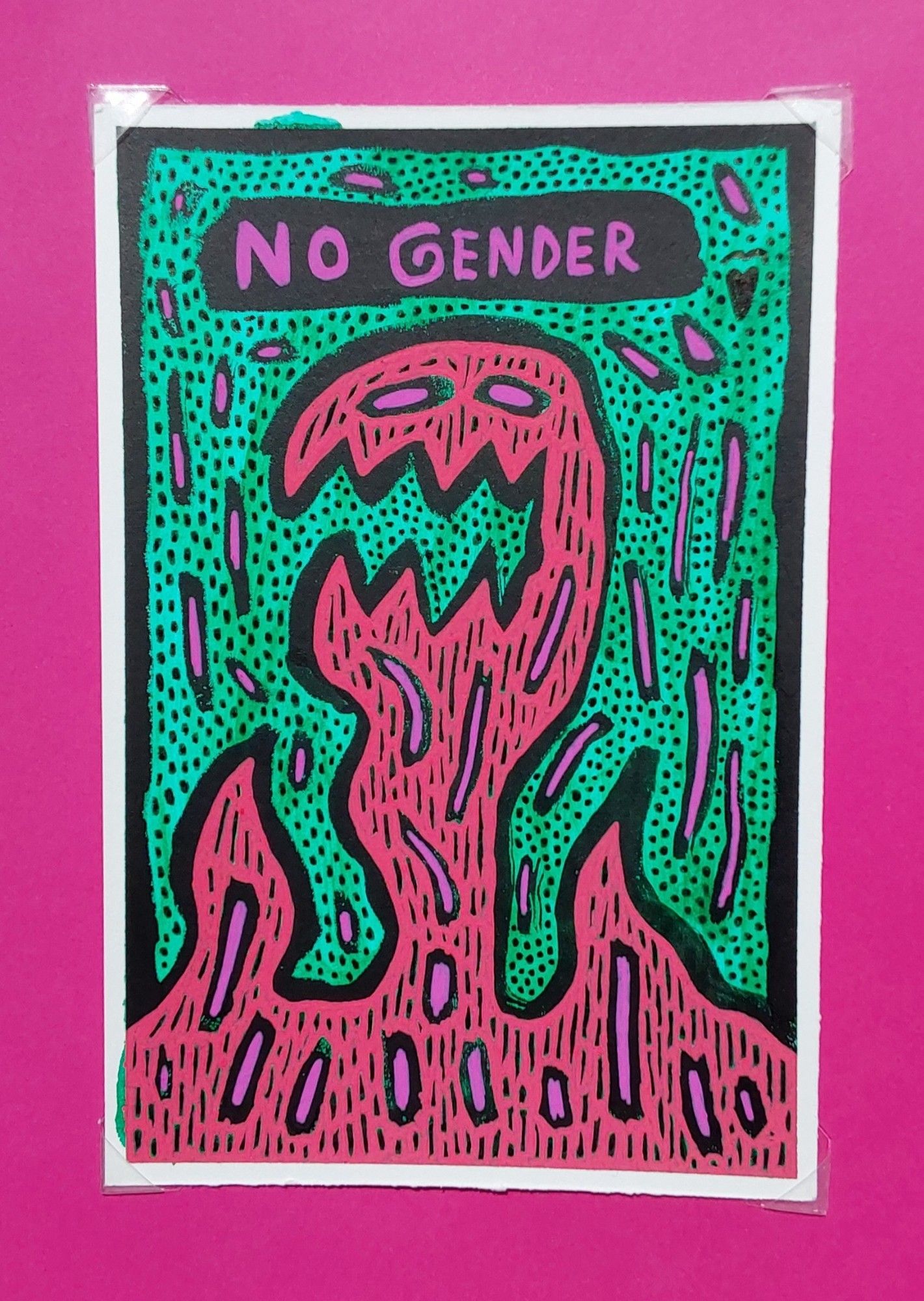 A red creature with rose and black lines looks towards you. Around them are black dots and black and rose lines. Above them is a large black stroke of ink with the words "No Gender" on it. The background is green. You can get this 4x6 for 25.