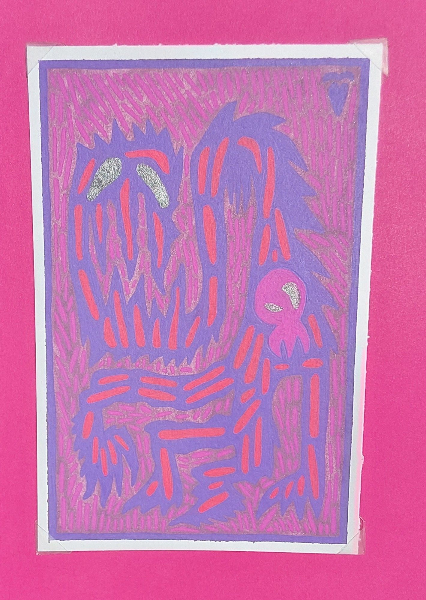 A scorched purple creature with silver eyes bleeds in an abstract way. They are bipedal, and their neck and arm are twisted and limp. They are surrounded by rose lines. The background is a fleshy pink.