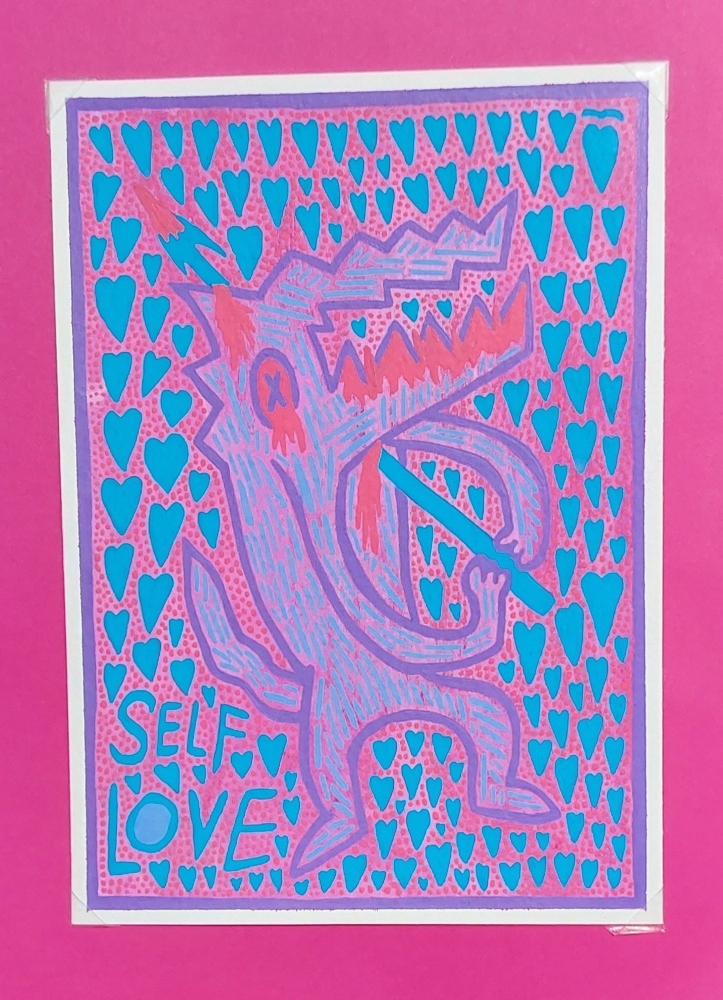 A large jawed purplish creature stabs themselves with a spear in their head. The spear is blue and bloody. Their mouth, eye, and head oozes out blood. Surrounding the creature are red dots and blue hearts. To the bottom left of the creature in blue text, it says, "Self Love." The background is pink.