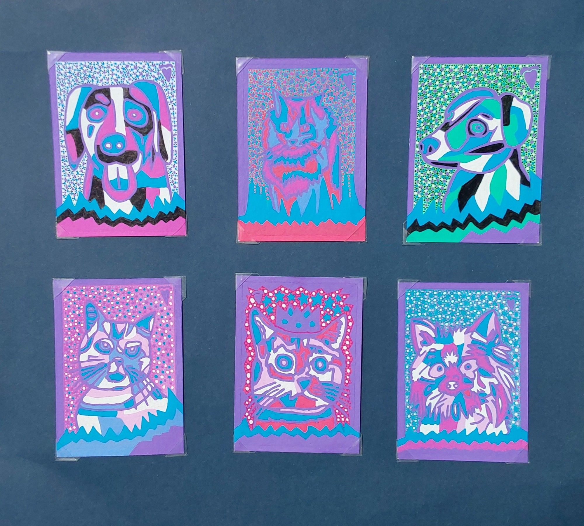 6 mini portraits of pets are displayed next to each other on a dark blue paper. Two dogs and one cat in the middle on the top row and two cats on the left and one dog on the right on the bottom row. All drawings have blue and purple linework. The top left dog is blue, purple, white, black, and rose. The middle top cat is blue, purple, blueish purple, rose, and red. The top right dog is blue, purple, green, white, and black. The bottom left cat is blue, purple, pink, white, and blueish purple. The middle bottom cat is blue, purple, red, white, and pink. The bottom right dog is blue, purple, rose, pink, blue, and white.
These are mini 2.5x3.5 pet portraits. They are available for 10 each. Dm for more info.