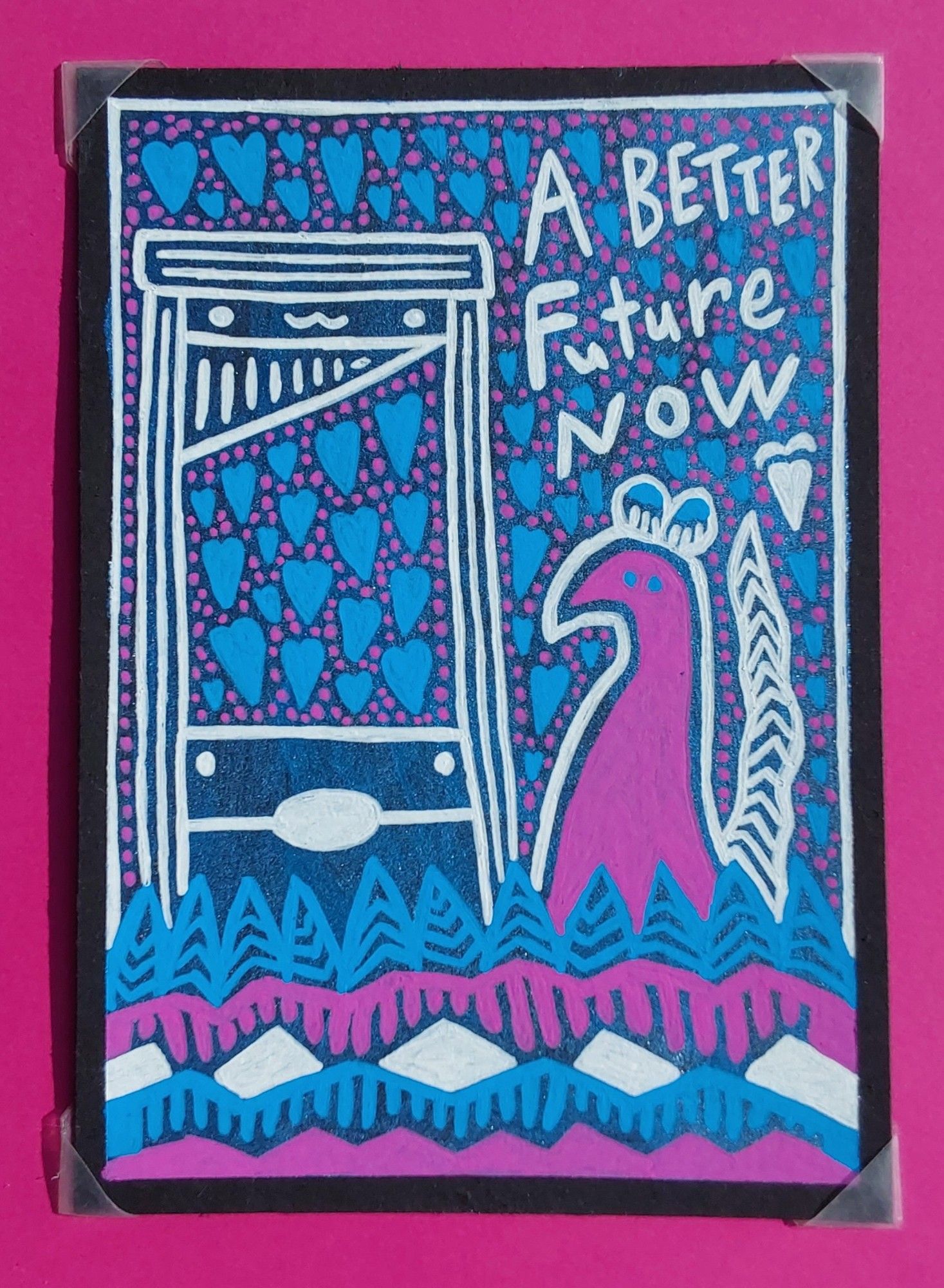 A rose rat with white linework and blue eyes looks at a white linwork guillotine. Above the rat is the words, "A Better Future Now." Below them is a grass field that goes in a pattern of blue, rose, and then white. Around the rat and the guillotine are blue hearts and rose dots. The background is a metallic blue, and the paper is black.