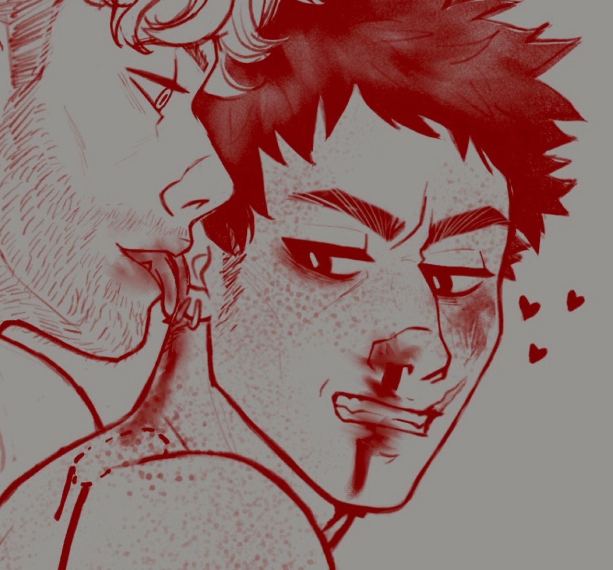 A cropped sketch of a man with a bloody nose and bruising on his face. He’s looking back with an angry expression as another man licks his ear. More blood can be seen smeared along his neck, coming from a bite wound.