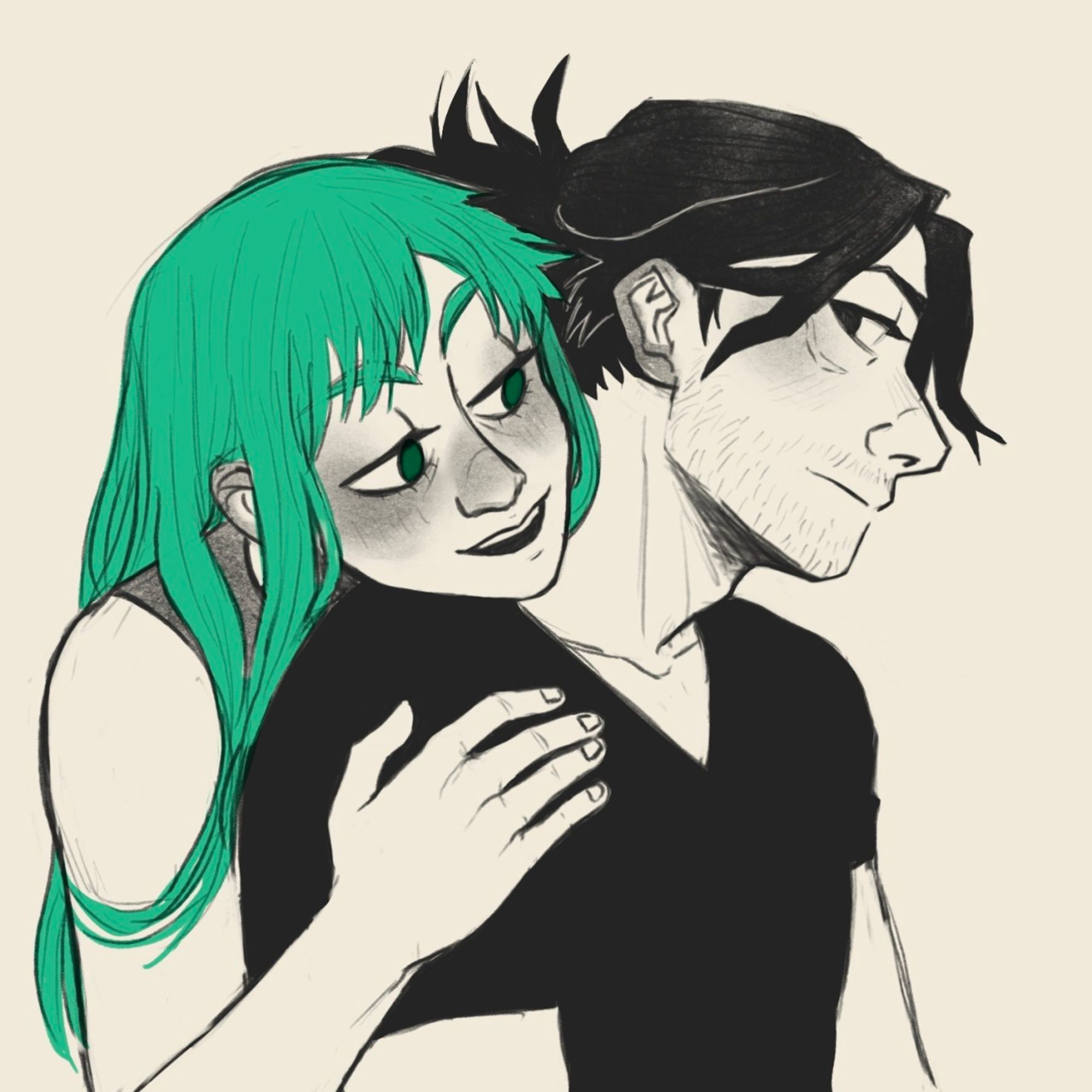 A woman with long, soft green hair leans over the shoulder of a man with long dark hair that has been pulled back into a ponytail. He looks back at her with a faint smile.