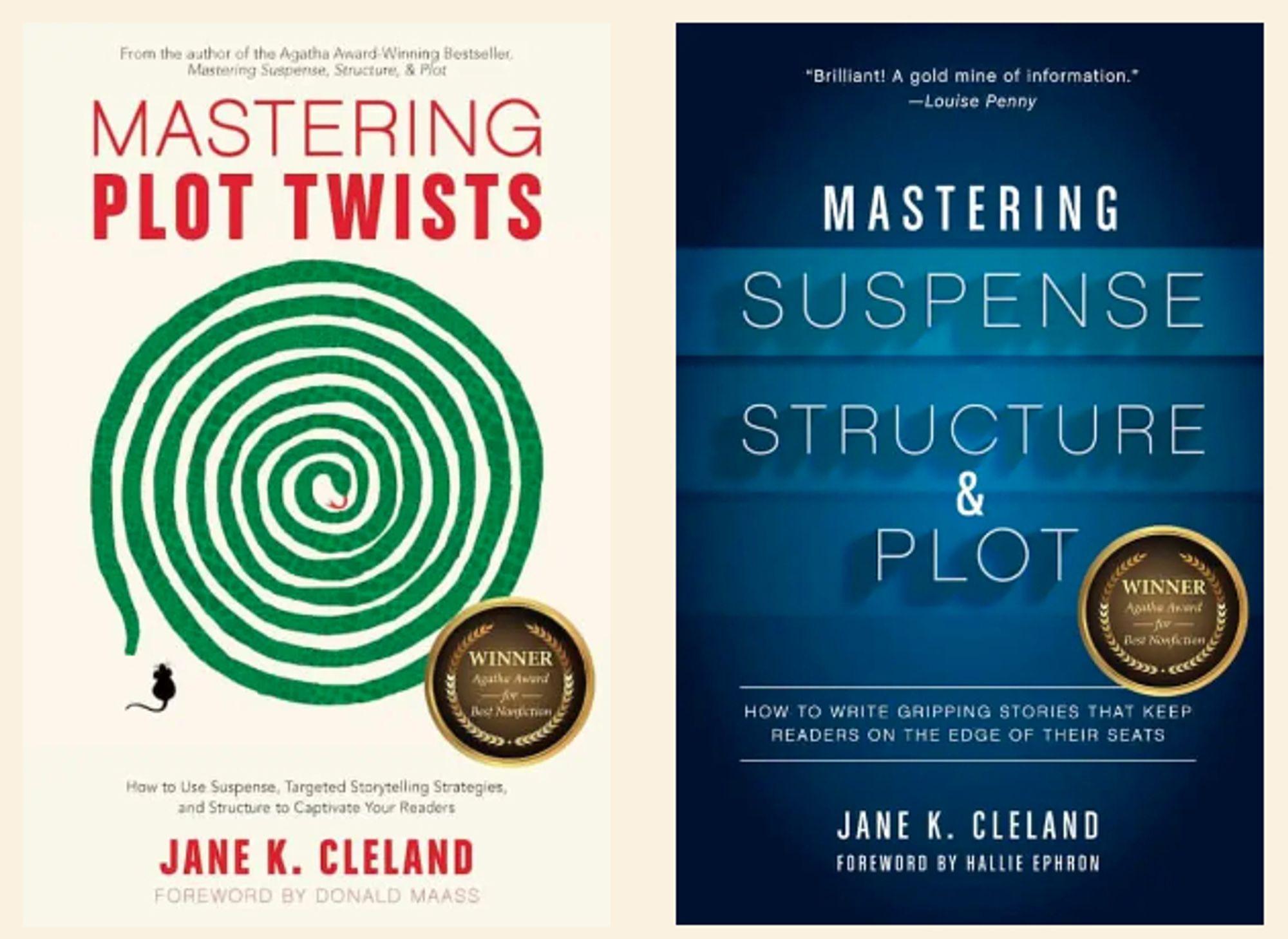 Image of 2 book covers, Mastering Plot Twists by Jane K. Cleland and Mastering Suspense, Structure, & Plot by Jane Cleland.

https://janecleland.com/all-books/