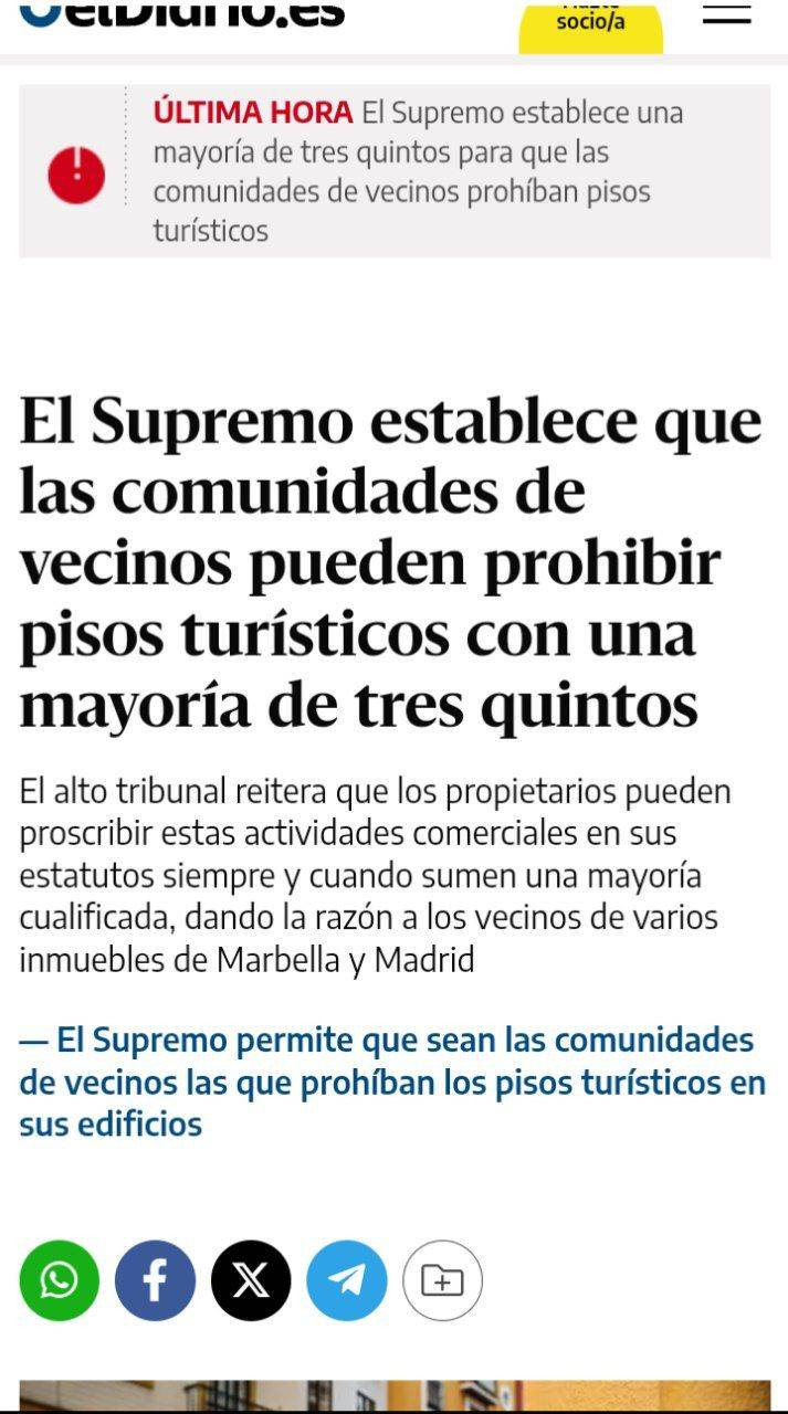 Titular: el Supremo establece que las comunidades de vecinos pueden prohibir pisos turísticos con una mayoría de tres quintos.