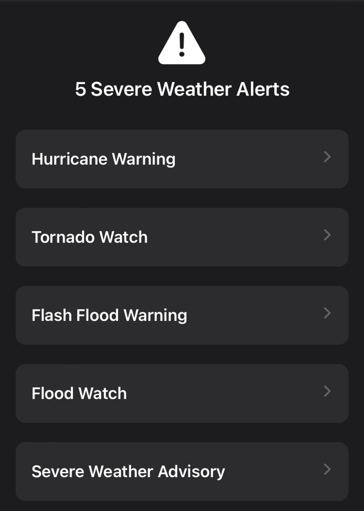 screenshot showing 5 weather alerts: hurricane warning, tornado watch, flash flood warning, flood watch, and severe weather advisory