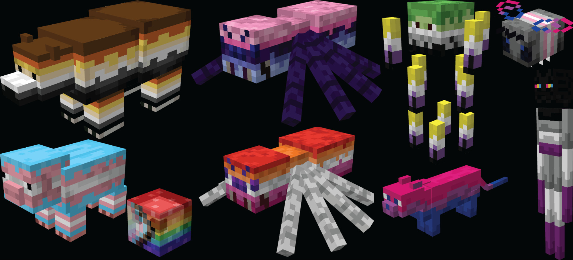 Nine Minecraft mobs retextured with pride flags. A bear as the bear flag, a pig as the trans flag, a slime as the inclusive flag, a spider as the omni flag, a cave spider as the lesbian flag, a blaze as the aromantic and nonbinary flags, a cat as the bi flag, a bee as the demigirl and bi flags, and an enderman as the asexual and pan flags.