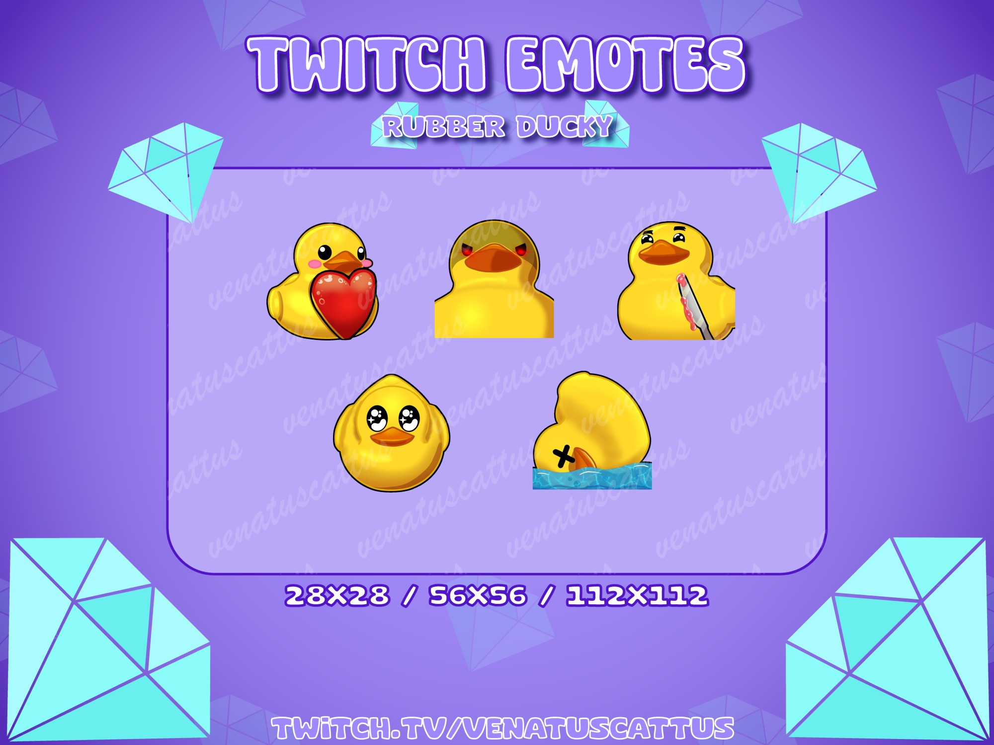 Art from a sale listing of rubber ducky emotes. Top row from left to right: ducky with a heart, angry ducky, smug ducky being threatened with a butter knife. Bottom row left to right: ducky looking up with sparkly pleading eyes, rubber ducky floating upside down with X eyes.