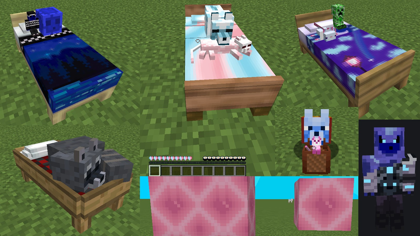 Different custom Minecraft bed textures. Top row left to right: a blue slime man next to a big blue slime on a bed with sheets of a starry night sky, blue tinted dog and pink tinted cat on a bed with sheets of pink and blue swirls, white axolotl and creeper on a bed with sheets of a purple sky and blue clouds with a shooting star and a lamppost. Bottom row left to right: A raccoon sleeping on the end of a bed with sheets of black and red plaid, a minecraft wool block that has been retextured to look like a heart, a Minecraft skin made to look like Omen from Valorant.