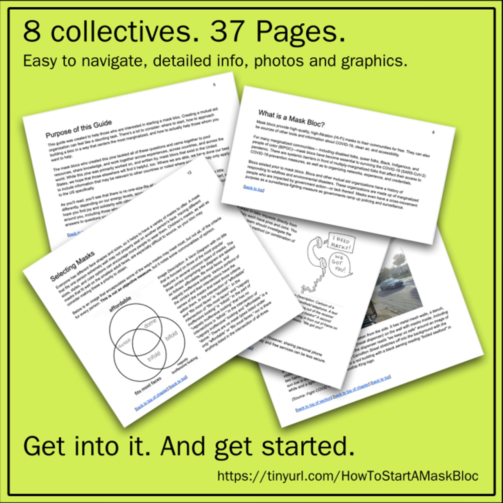 The second image is a graphic with a lime green background. At the top of the page it says "8 Collectives. 37 Pages. Easy to navigate, detailed info, photos, and graphics." The bottom of the graphic says "Get into it. And get started." The URL: https://tinyurl.com/HowToStartAMaskBloc is present as well. The image in the middle is of several of the zine's pages overlapping one another as if scattered on a desk. The text is too small to read.