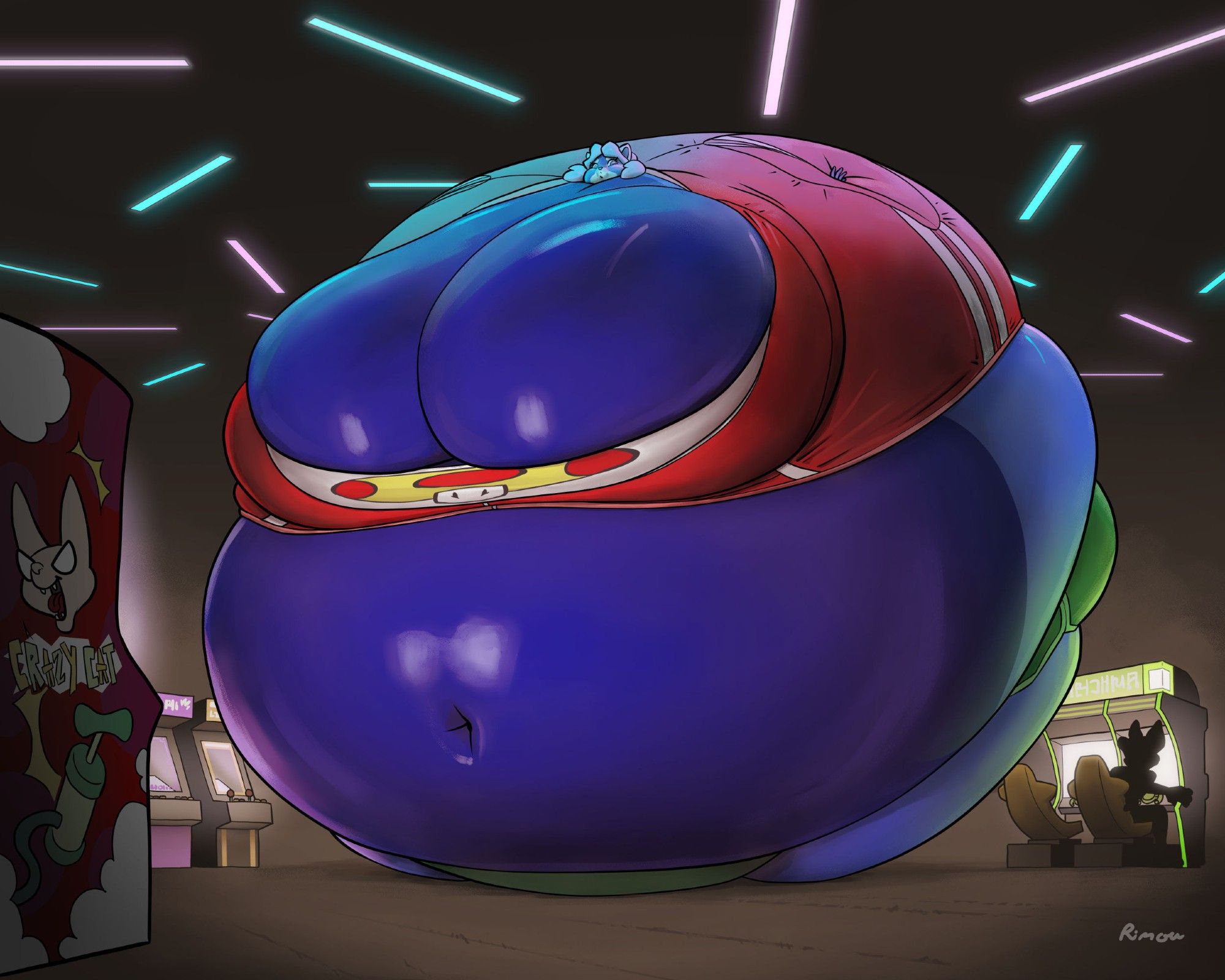 A big blueberry blimp red panda girl in the middle of a huge arcade machine room