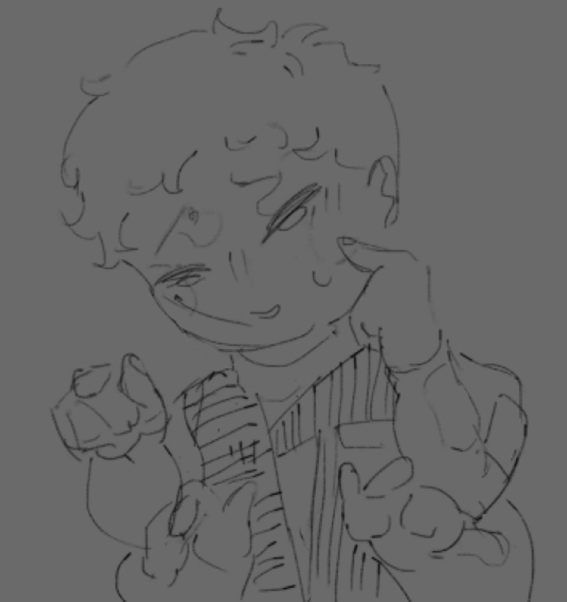 A messy sketch of a chibi four-armed character, pointing at his cheek with one hand and the other pointing back at you