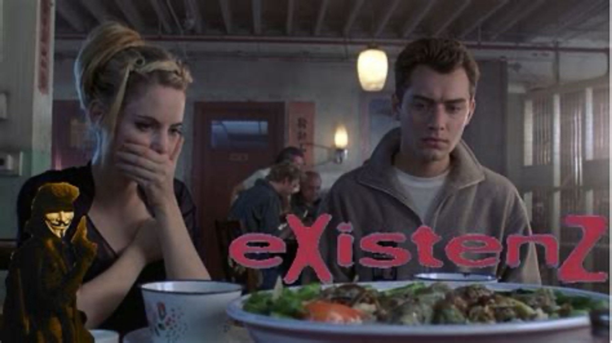 Film poster for the movie eXistenz featuring the film name in red very 90s style font - Jennifer Jason Leigh holds her hand over her mouth in disgust seated at a restaurant table next to Jude Law who has a suspiciously passive look on his face. They both are looking at a questionable plate of what is possibly food