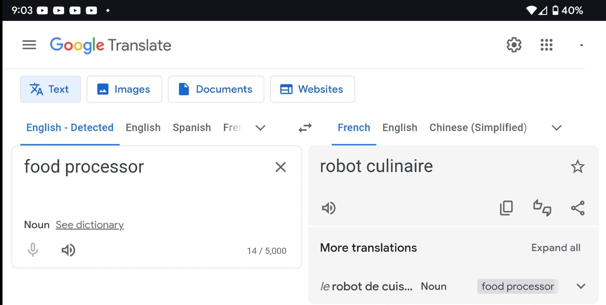 A google translate page showing the French word for "food processor" is "robot culinaire"