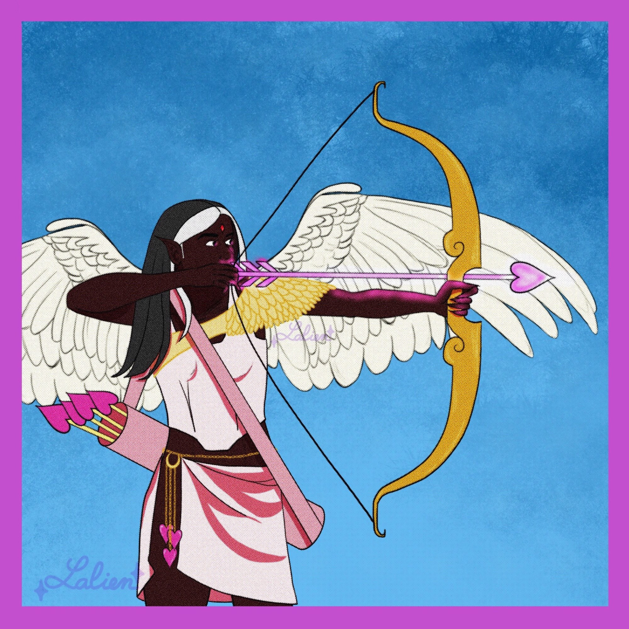 A Cupid in pink, bow in the hand aiming with a glowing pink arrow