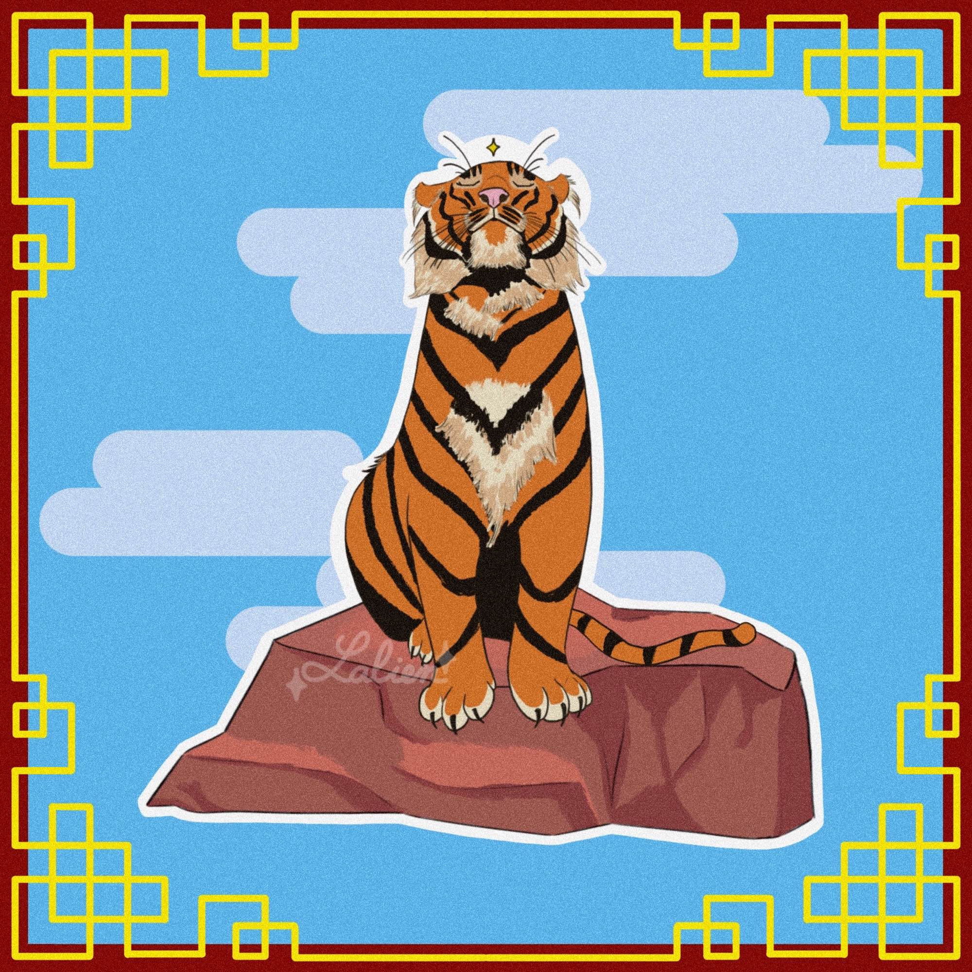 Sitting on a rock, a tiger looking up, kinda smiling, a little sparkle on the top of the head