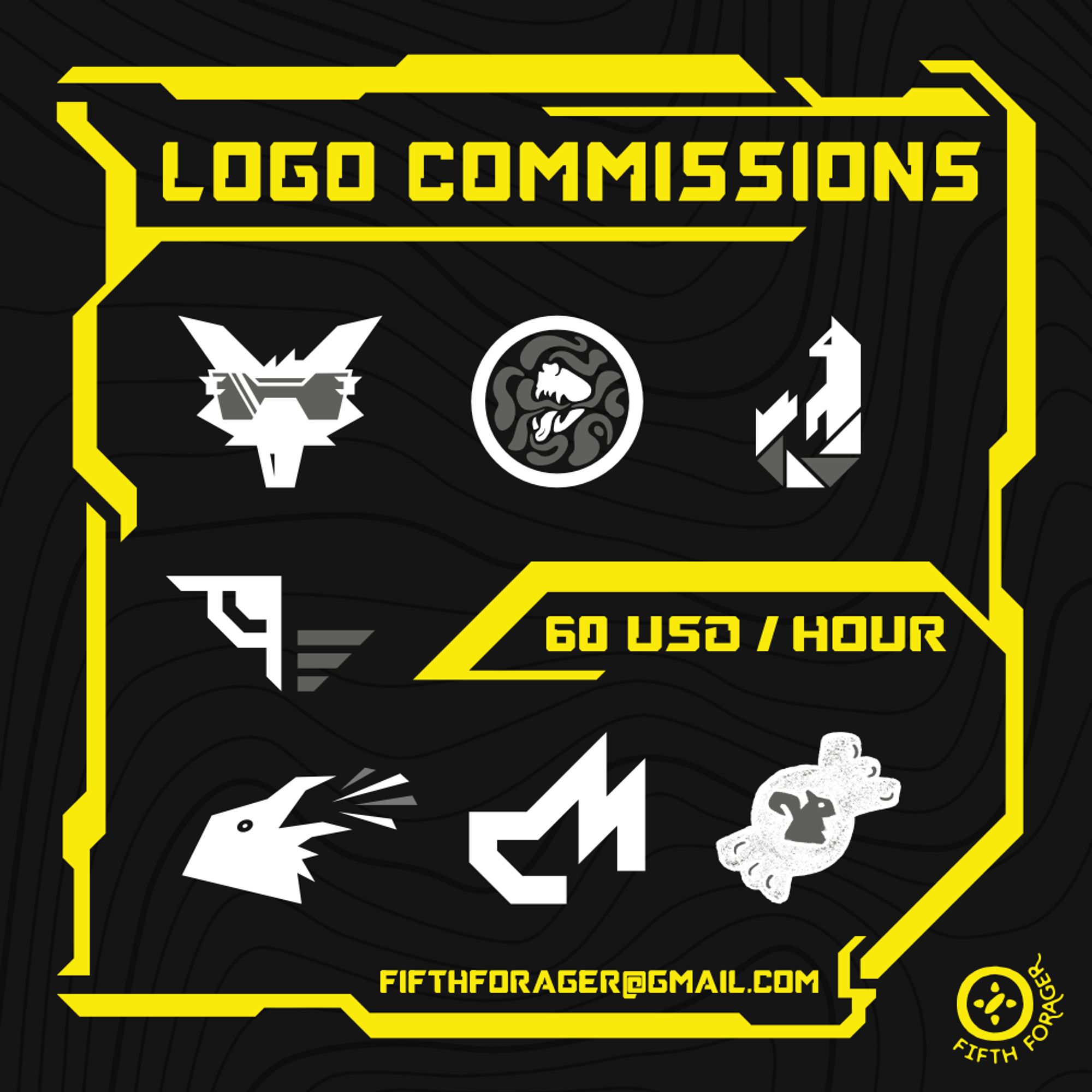 A commission sheet advertises logo commissions at sixty dollars an hour. The framework and text is in electric yellow while the background is black and the logo examples, featuring many animals, are in white and grey.