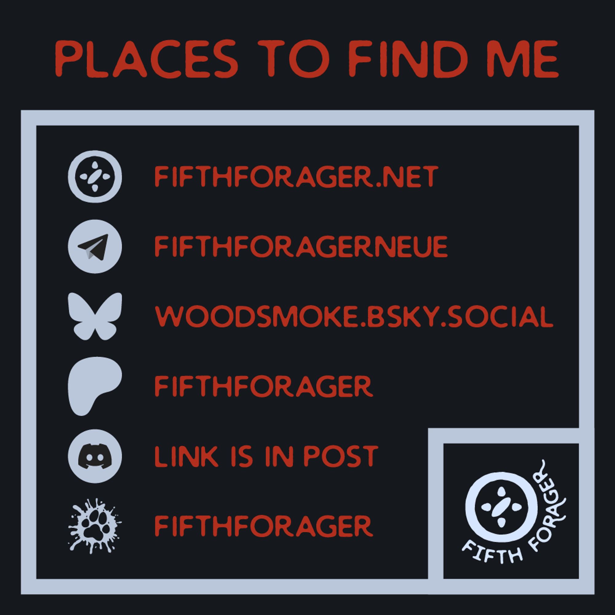 A contact sheet is laid out with dusky red text and frosty light blue icons and framing. It writes out the website handles for fifth forager on other galleries.