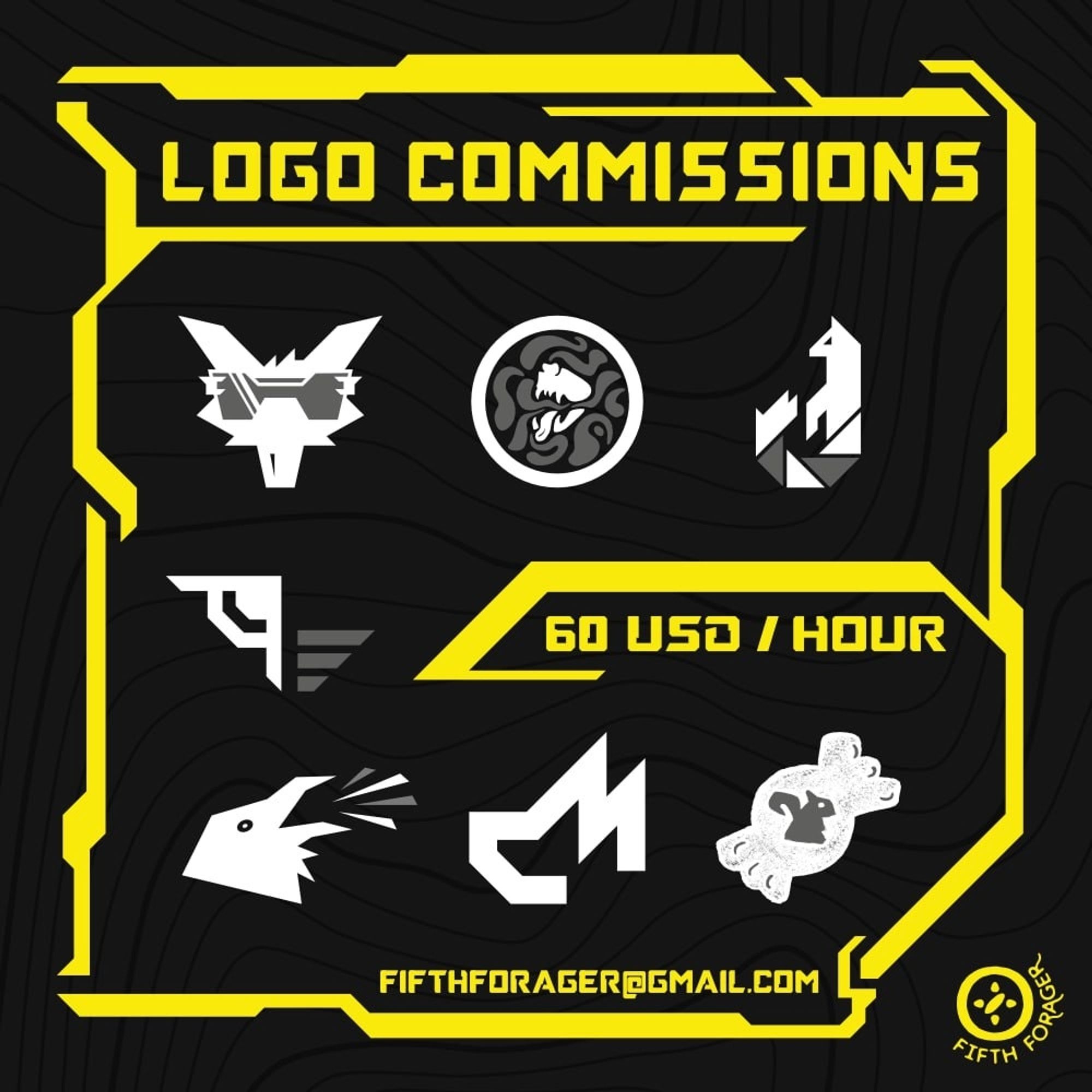 A commission sheet advertises logo commissions at sixty dollars an hour. The framework and text is in electric yellow while the background is black and the logo examples, featuring many animals, are in white and grey.