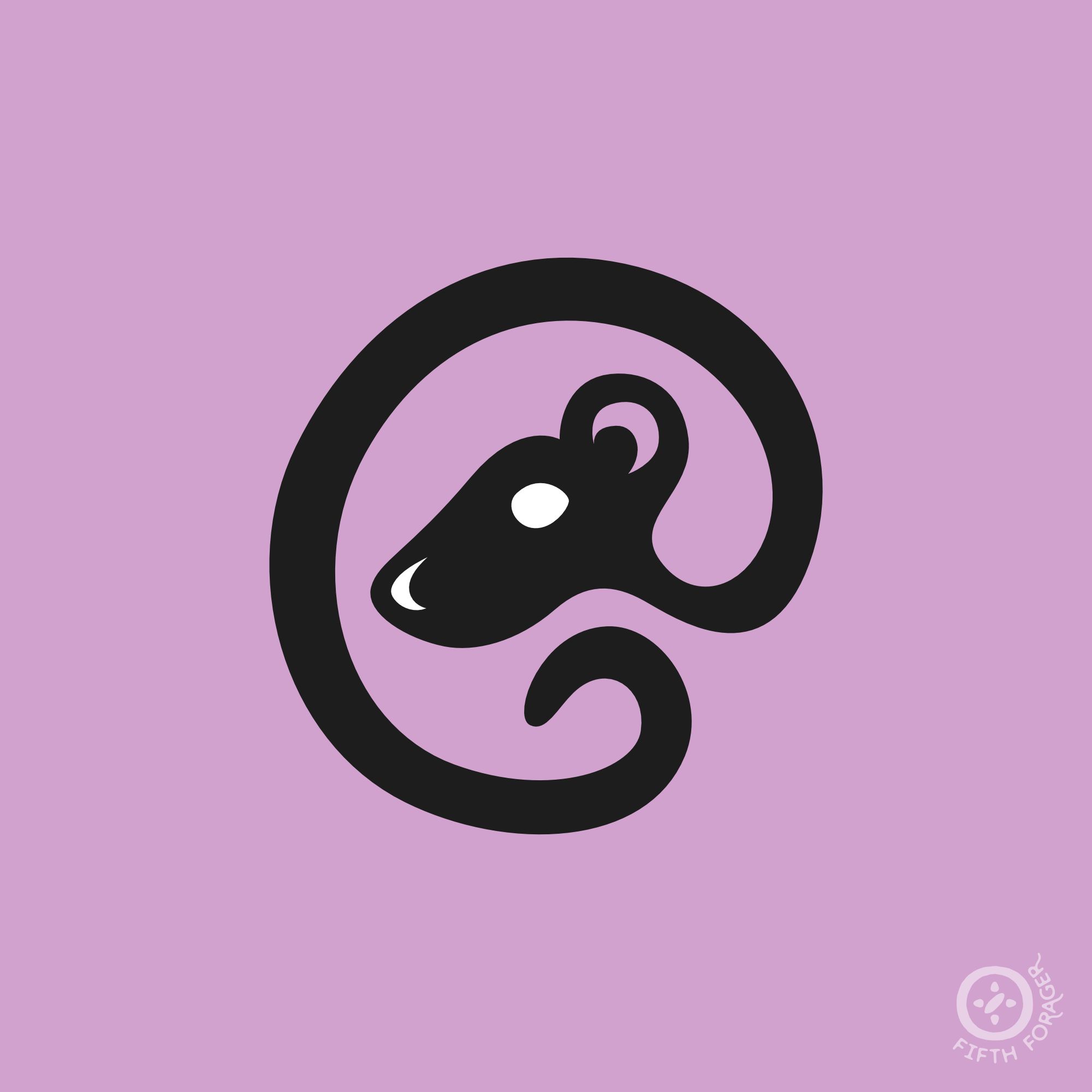 A minimalist design in black of a rat's head and tail forming a version of the "@" symbol. It has a white eye, white nose and pink inner ear, and the design is set against a pink background.