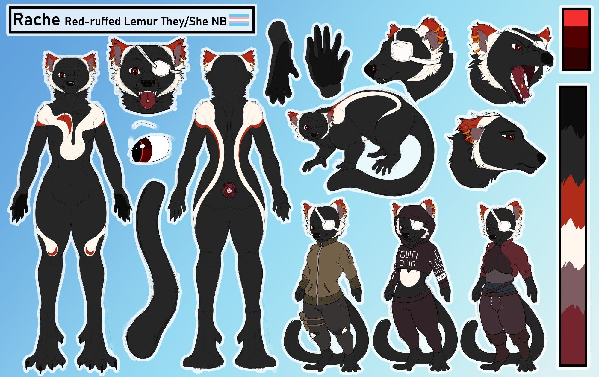 An anthropomorphic red-ruffed lemur poses on a reference sheet. She is mostly black-furred, with flowing, asymmetrical white markings and red accents. She has a red eye, with the second missing, and wears a white eyepatch. Her outfits lean into subtle pirate and urbex themes. She is wearing several gold piercings, including multiple rings on each ear, a tongue stud and a nosering to one side.