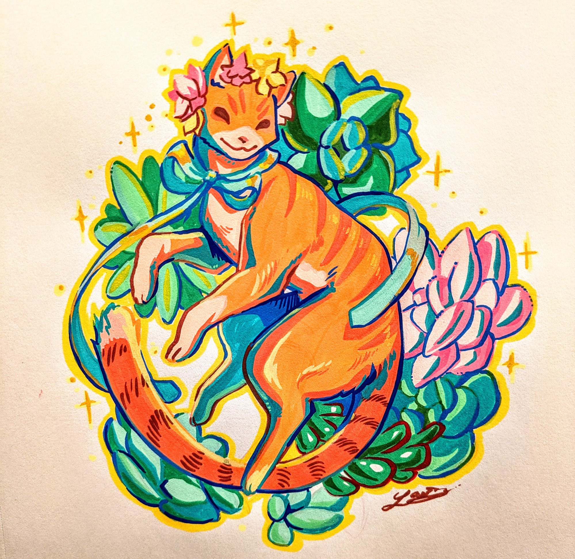 Traditional acrylic paint pen sketch of an orange cat wearing a neck ribbon, surrounded by flowers and succulents. 