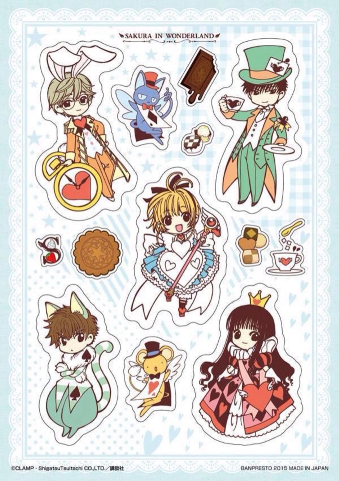 Official art of cardcaptor Sakura in the form of a sticker sheet. The background is pale blue with white lace around the rectangular border. The top reads “Sakura in wonderland”. Yukito is dressed as the white rabbit and holding a giant pocket watch with a heart in it at the top left. Beside him is Spinel in his small form wearing a top hat and a black diamond card. The top right features touya as the mad hatter, holding a teacup and saucer. The very middle features Sakura dressed as Alice with her first sealing wand. Syaoran is the Cheshire Cat decked out in green stripes and ears. Keroberos in his small form is in the bottom middle wearing a top hat and a red heart card. Tomoyo is in the very bottom right corner dressed as the queen of hearts, with fluffy collar and crown.