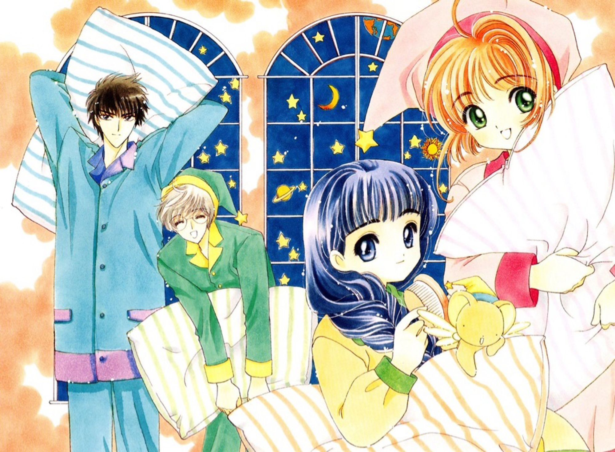 Official art from cardcaptor Sakura. Sakura and tomoyo hold pillows in front of themselves while wearing pajamas. Keroberos in his small form peeks out from the top of tomoyo’s pillow, wearing a nightcap. The left side has Touya and Yukito in matching pajamas, also holding pillows. The background is cloudy and there are oval-rectangular picture windows in the background displaying the starry night sky.